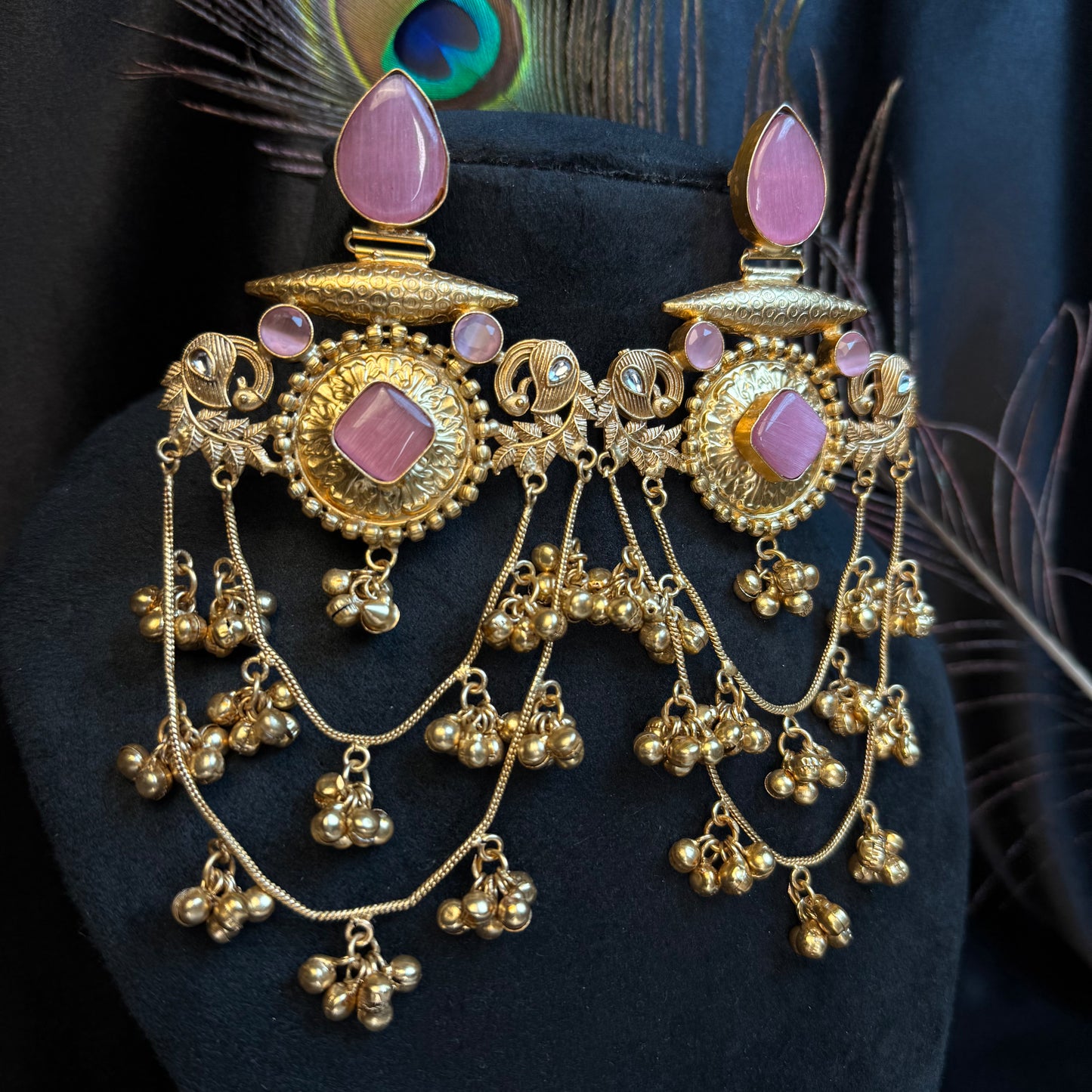 Royal Kashmiri Stone Studded Brass Earrings with Multi-Chain Ghungroo Design