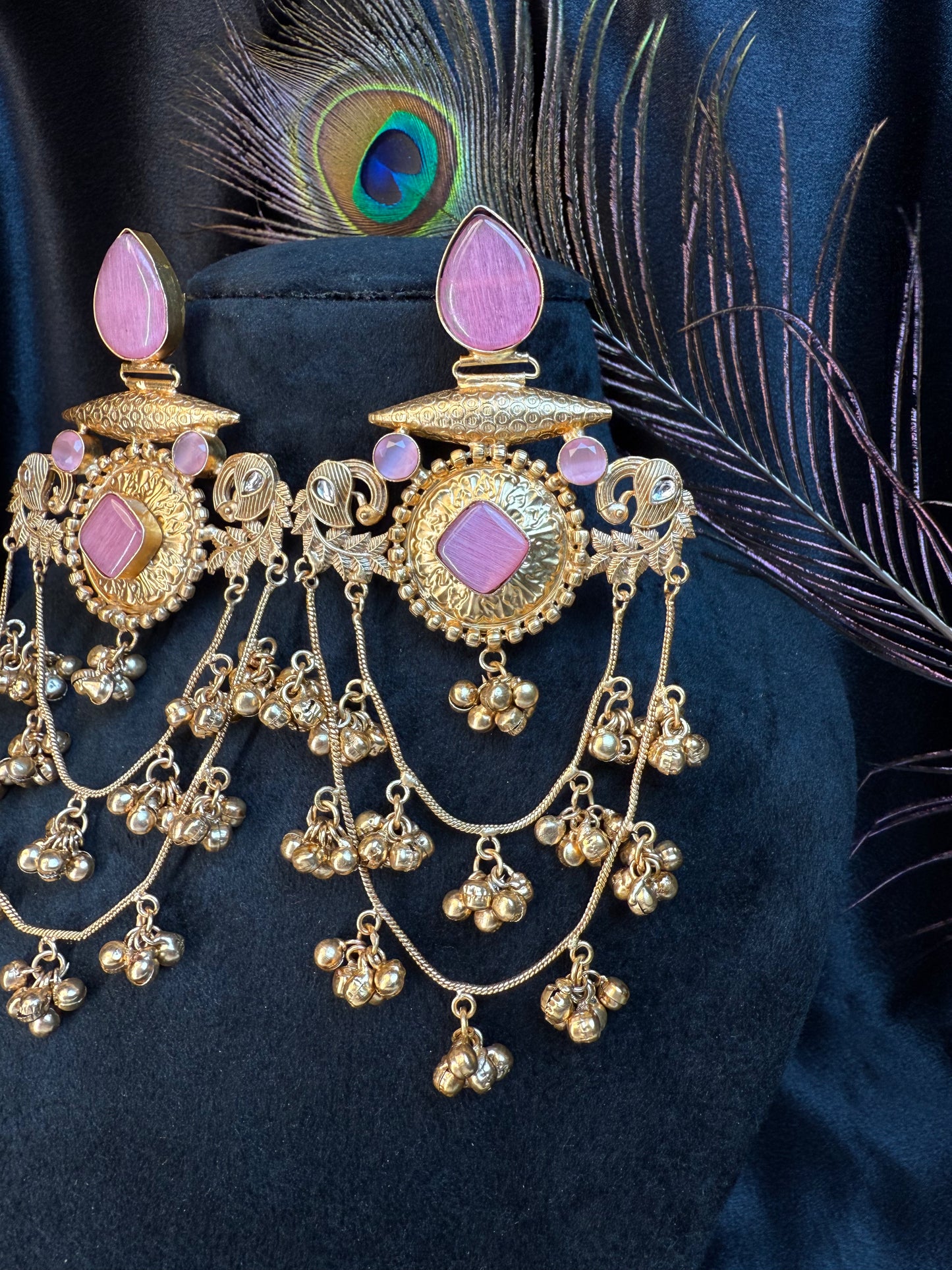 Royal Kashmiri Stone Studded Brass Earrings with Multi-Chain Ghungroo Design