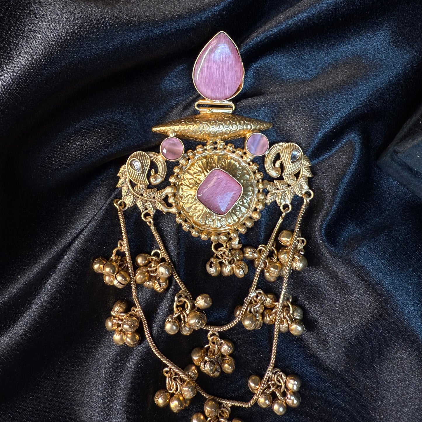 Royal Kashmiri Stone Studded Brass Earrings with Multi-Chain Ghungroo Design