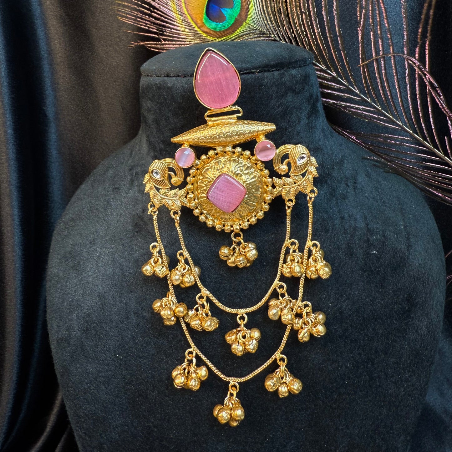 Royal Kashmiri Stone Studded Brass Earrings with Multi-Chain Ghungroo Design
