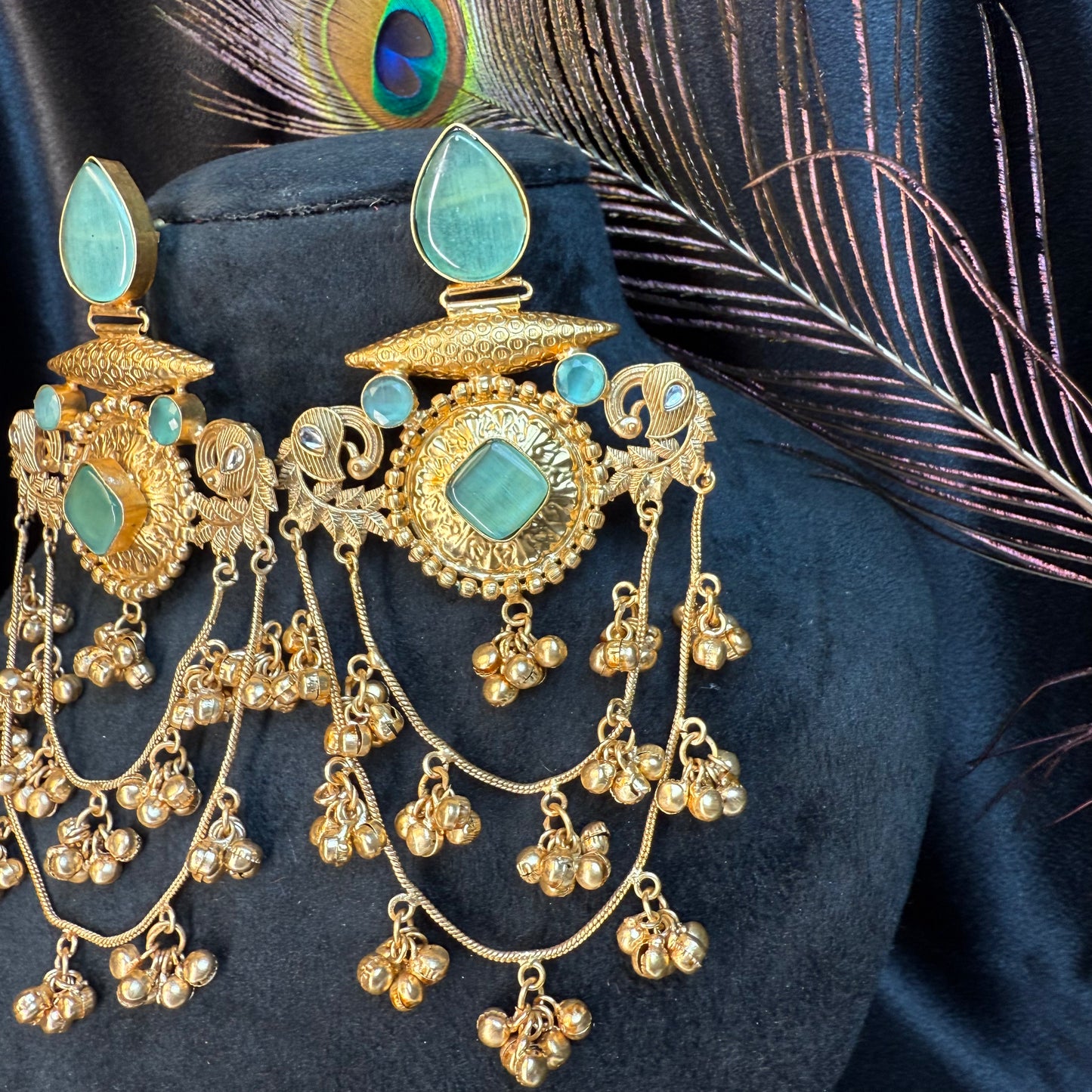 Royal Kashmiri Stone Studded Brass Earrings with Multi-Chain Ghungroo Design