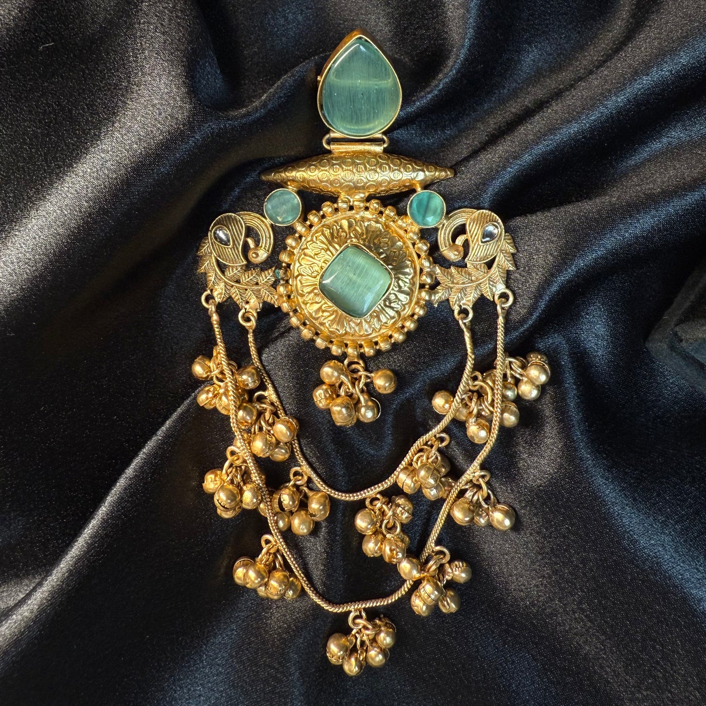 Royal Kashmiri Stone Studded Brass Earrings with Multi-Chain Ghungroo Design