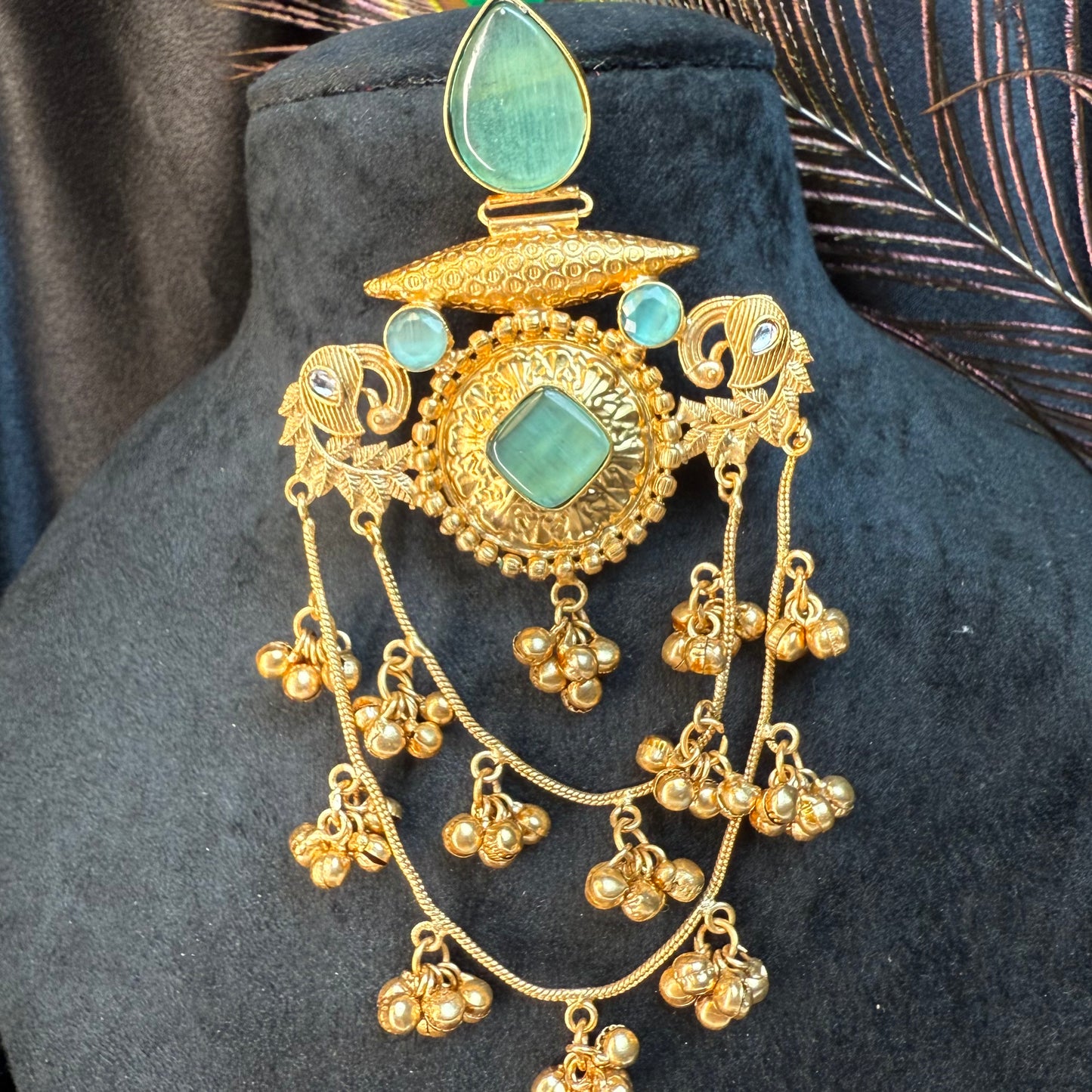 Royal Kashmiri Stone Studded Brass Earrings with Multi-Chain Ghungroo Design