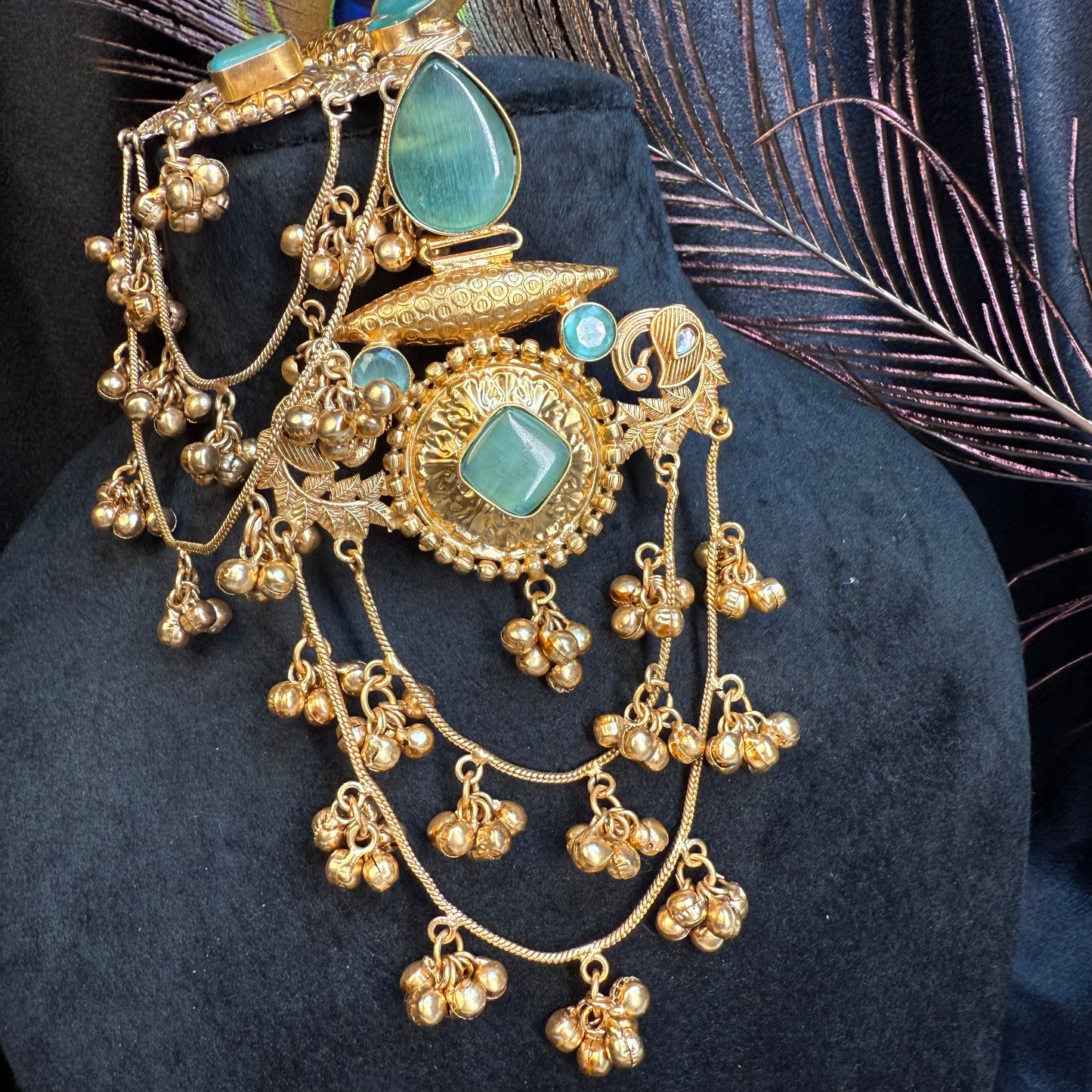 Royal Kashmiri Stone Studded Brass Earrings with Multi-Chain Ghungroo Design