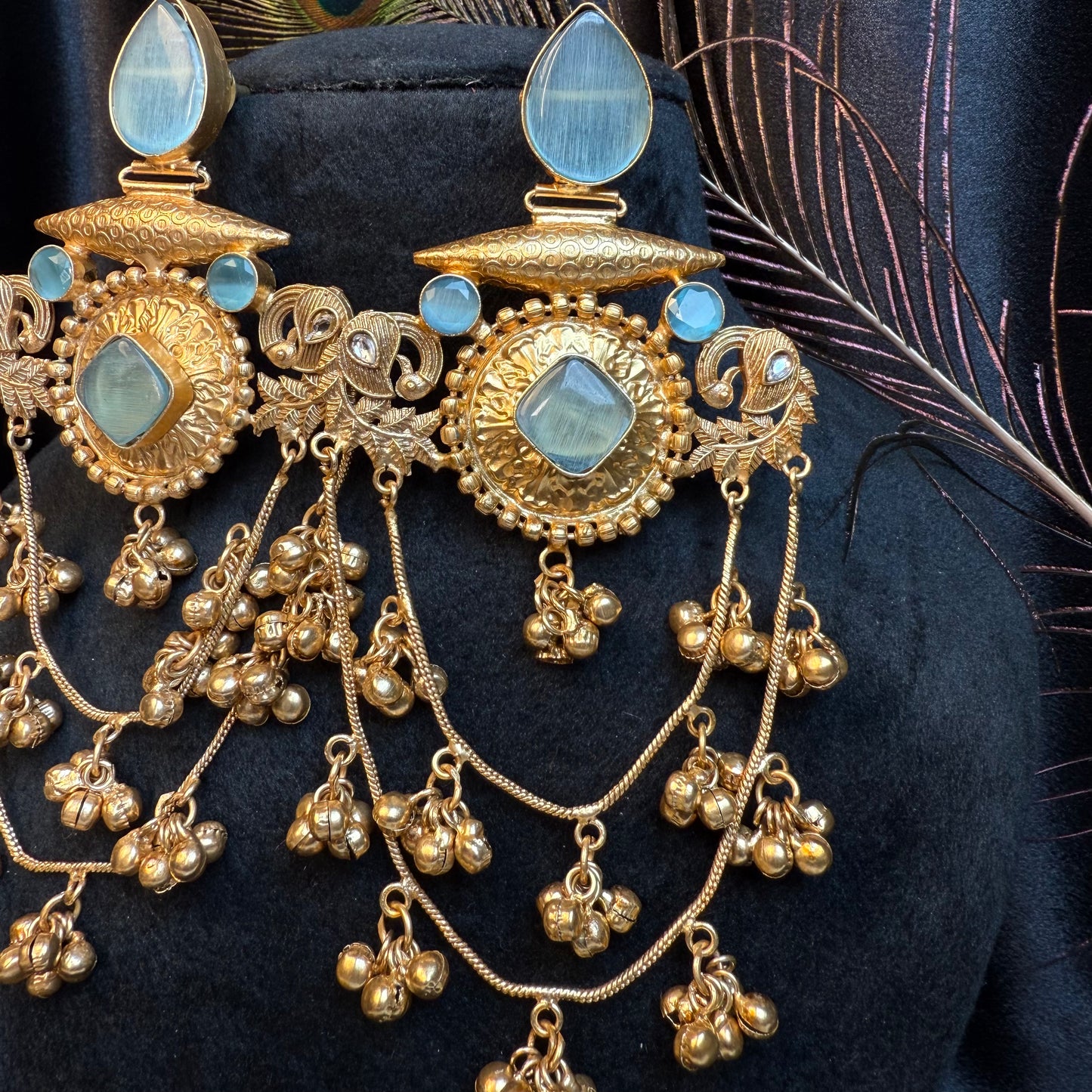 Royal Kashmiri Stone Studded Brass Earrings with Multi-Chain Ghungroo Design