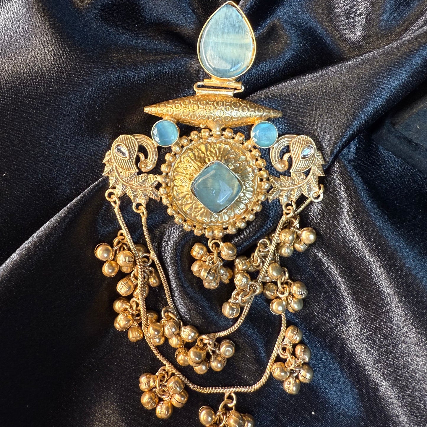 Royal Kashmiri Stone Studded Brass Earrings with Multi-Chain Ghungroo Design