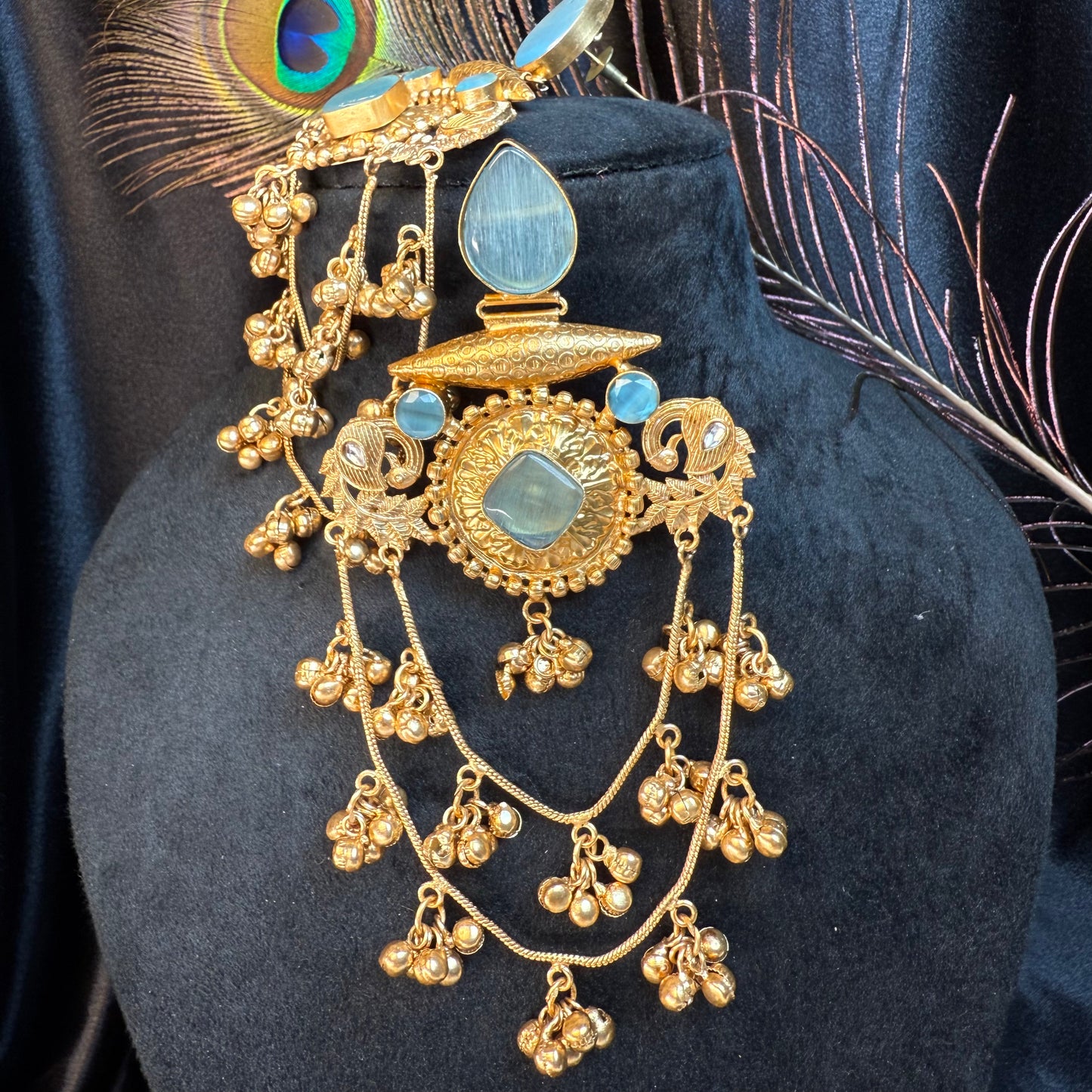Royal Kashmiri Stone Studded Brass Earrings with Multi-Chain Ghungroo Design