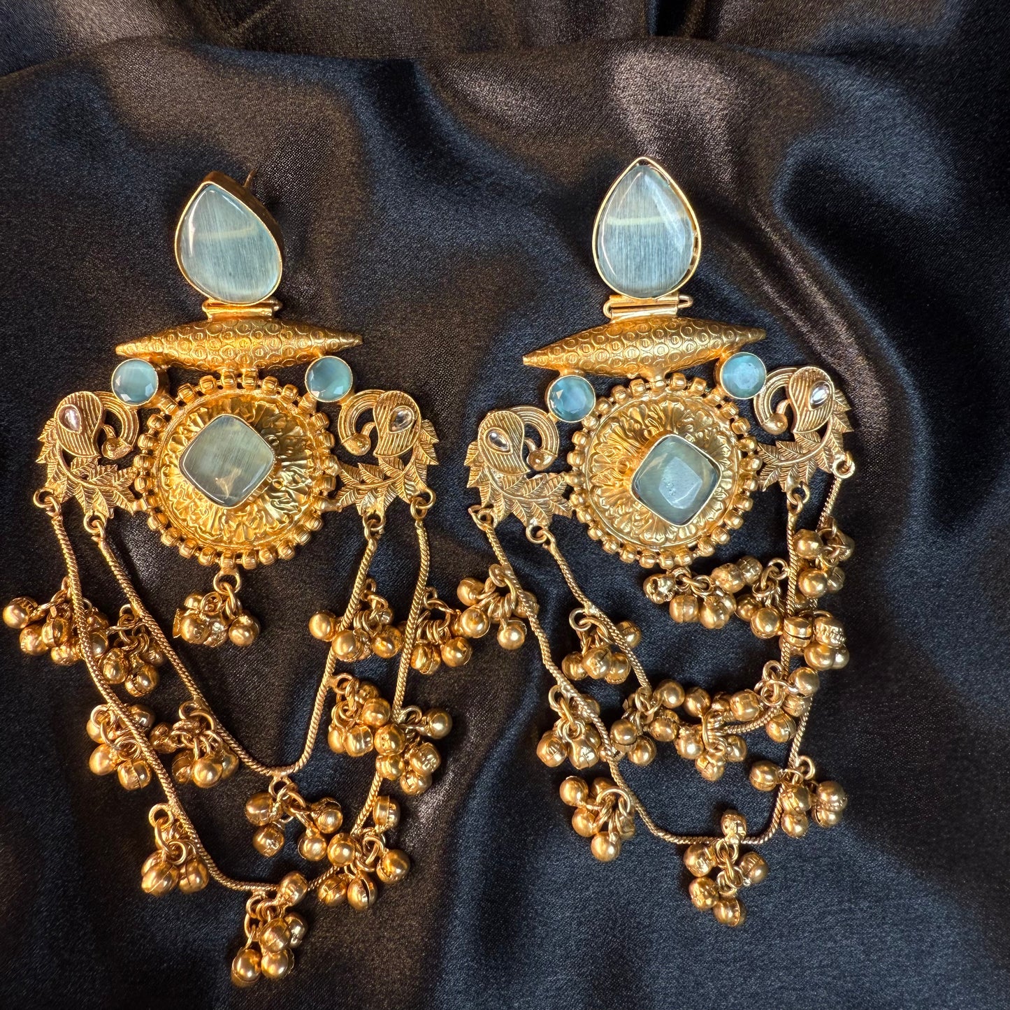 Royal Kashmiri Stone Studded Brass Earrings with Multi-Chain Ghungroo Design