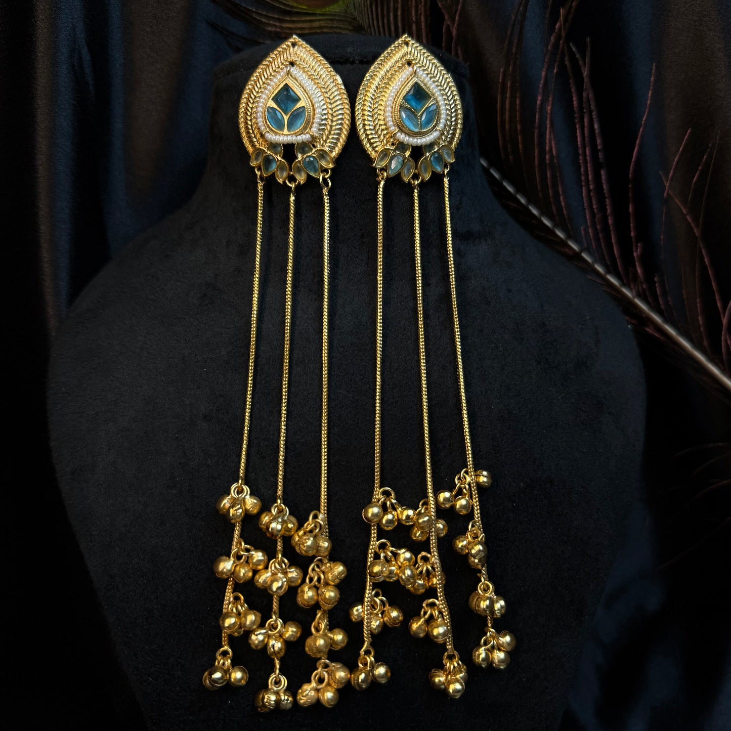 Kashmiri Long Chain Brass Earrings with Ghungroo Blue & Gold
