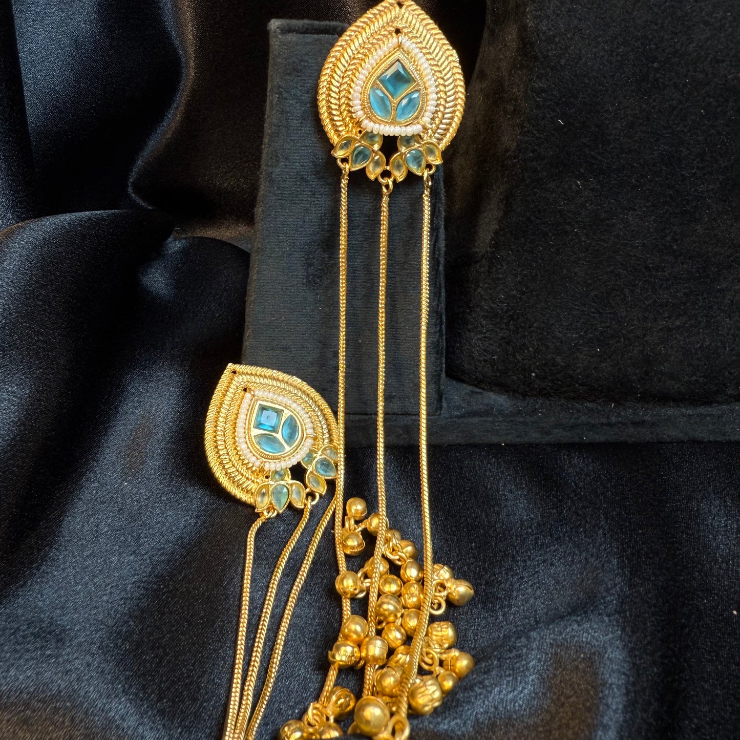 Kashmiri Long Chain Brass Earrings with Ghungroo Blue & Gold