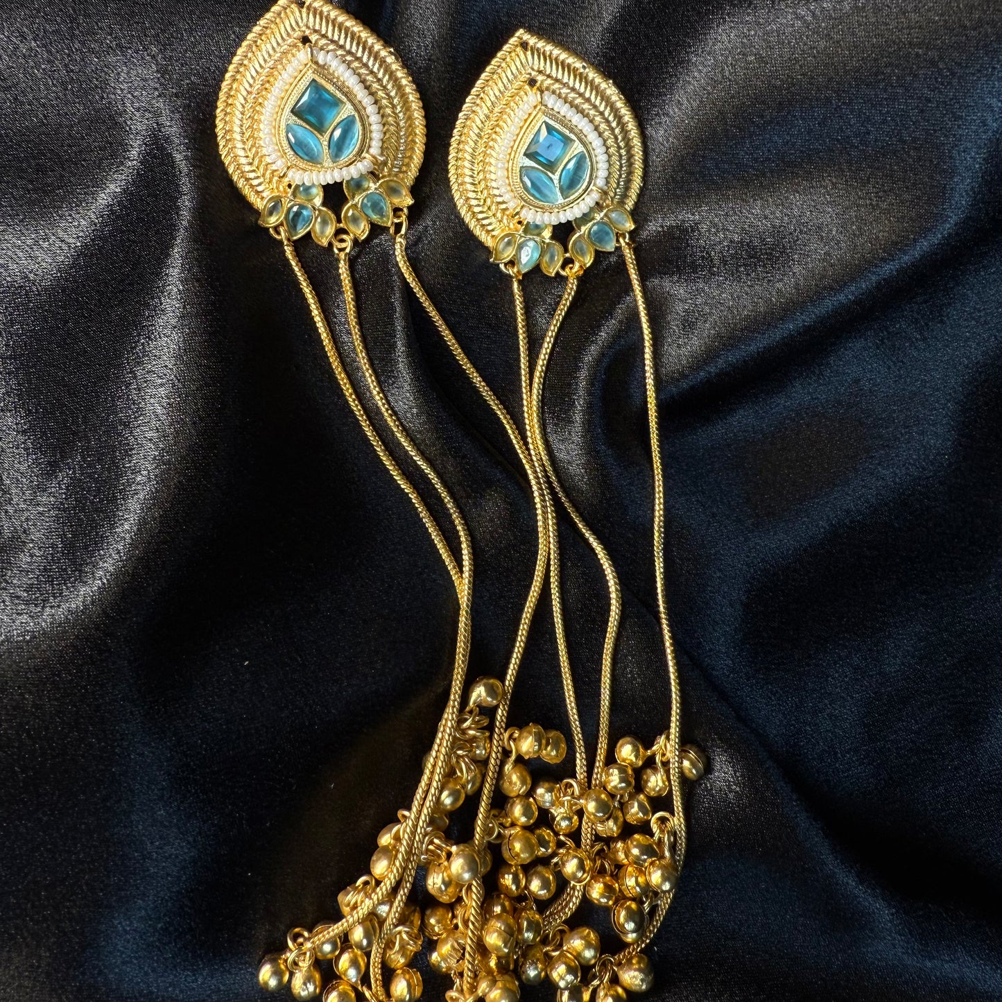 Kashmiri Long Chain Brass Earrings with Ghungroo Blue & Gold