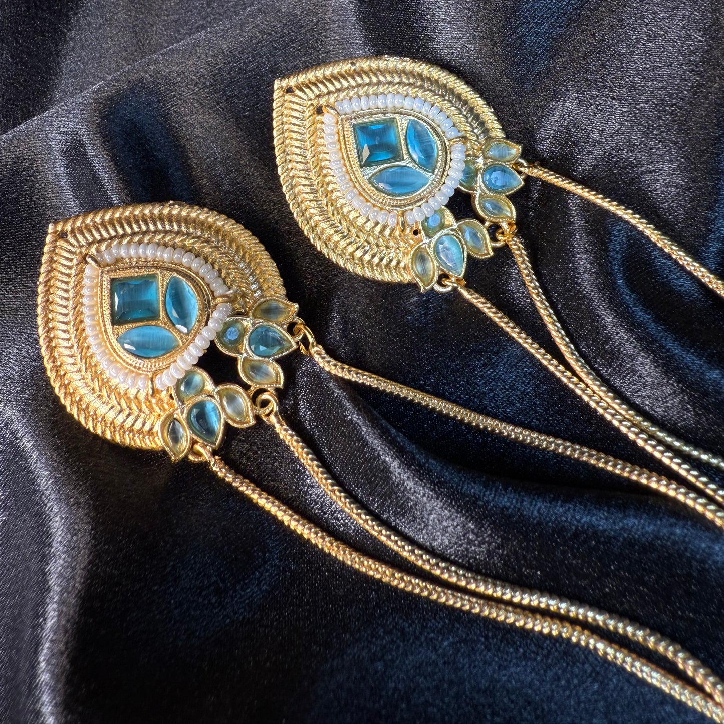 Kashmiri Long Chain Brass Earrings with Ghungroo Blue & Gold