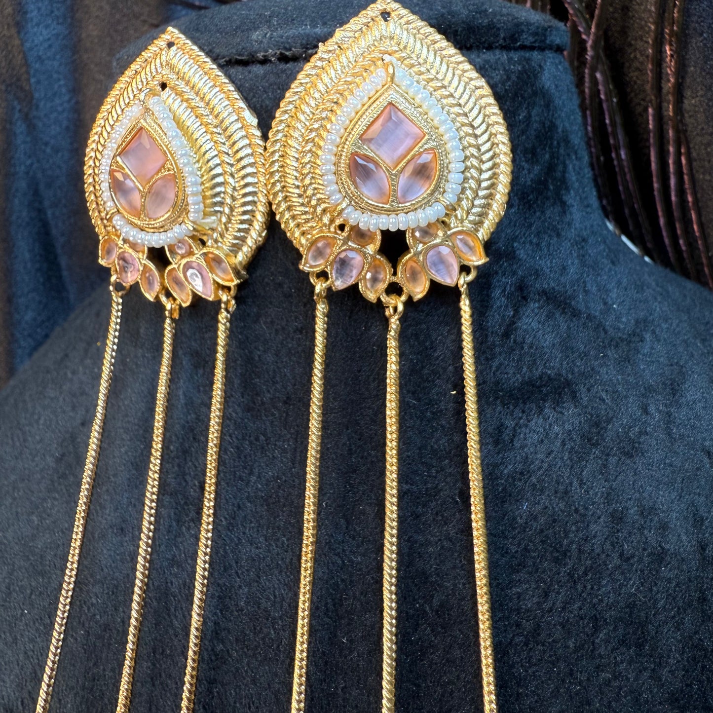 Kashmiri Long Chain Brass Earrings with Ghungroo Pink & Gold