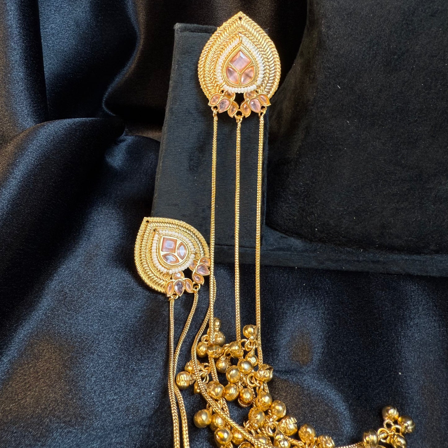 Kashmiri Long Chain Brass Earrings with Ghungroo Pink & Gold