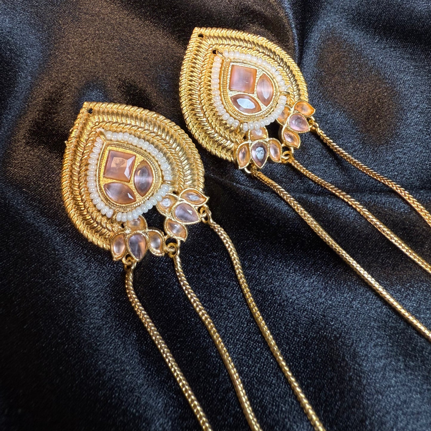 Kashmiri Long Chain Brass Earrings with Ghungroo Pink & Gold