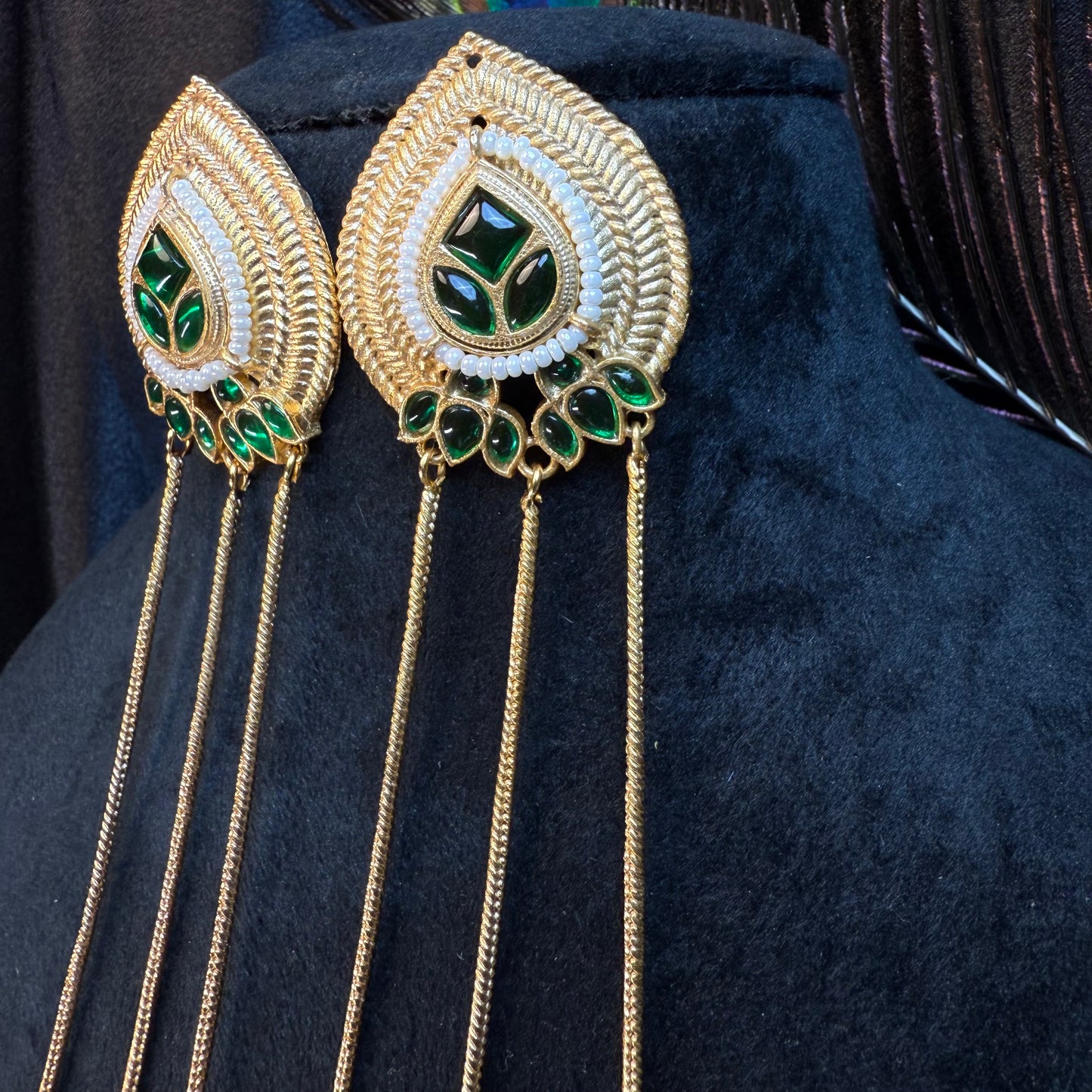 Kashmiri Long Chain Brass Earrings with Ghungroo Green & Gold