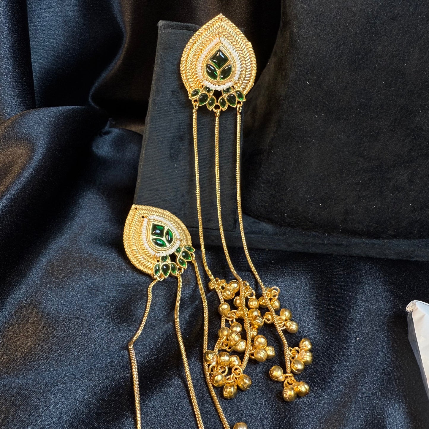 Kashmiri Long Chain Brass Earrings with Ghungroo Green & Gold