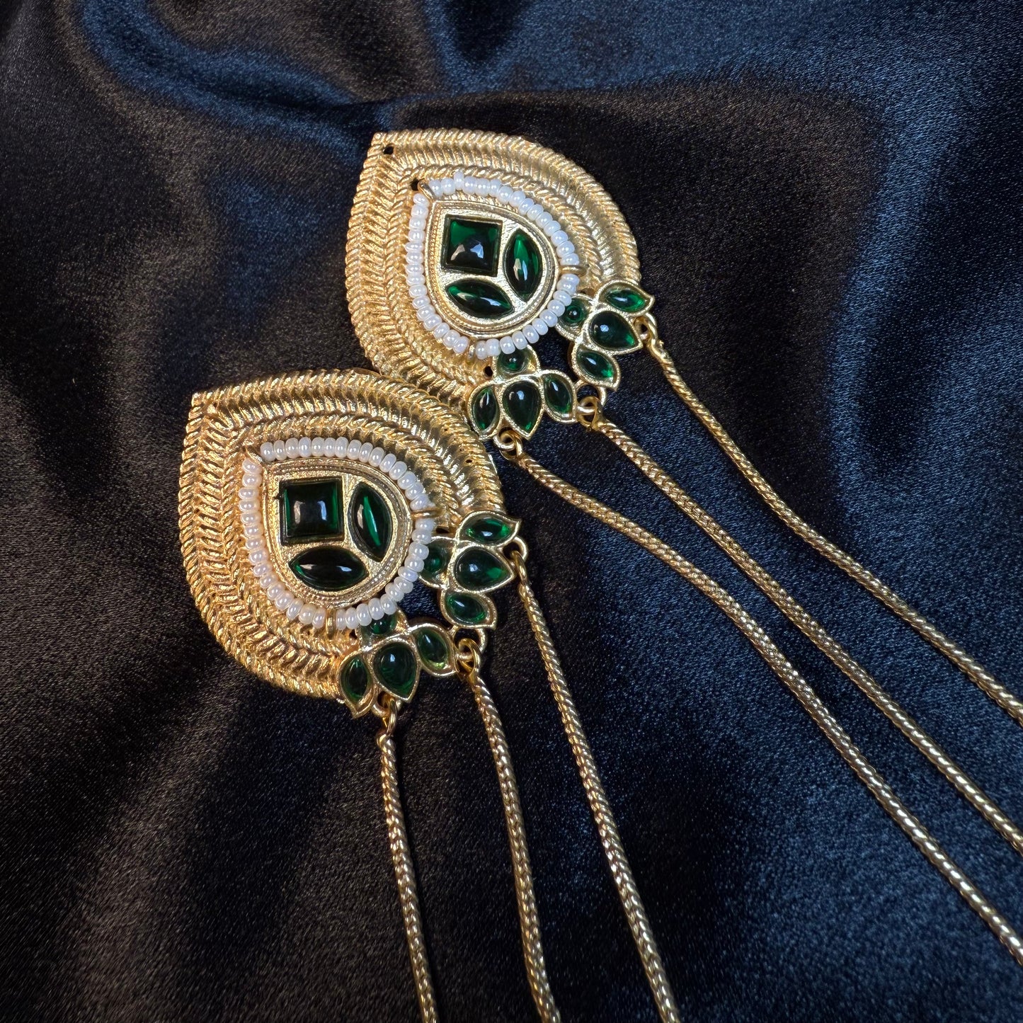 Kashmiri Long Chain Brass Earrings with Ghungroo Green & Gold
