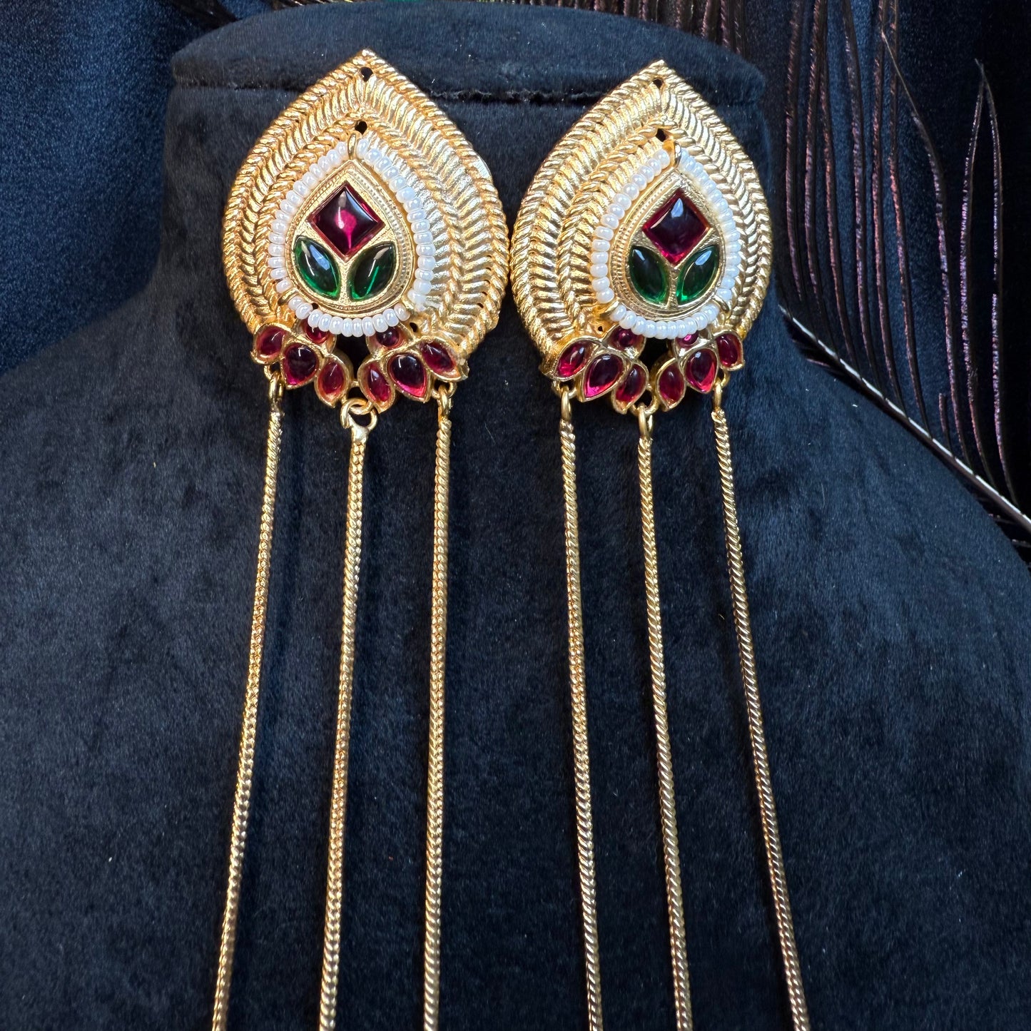 Kashmiri Long Chain Brass Earrings with Ghungroo Red & Green