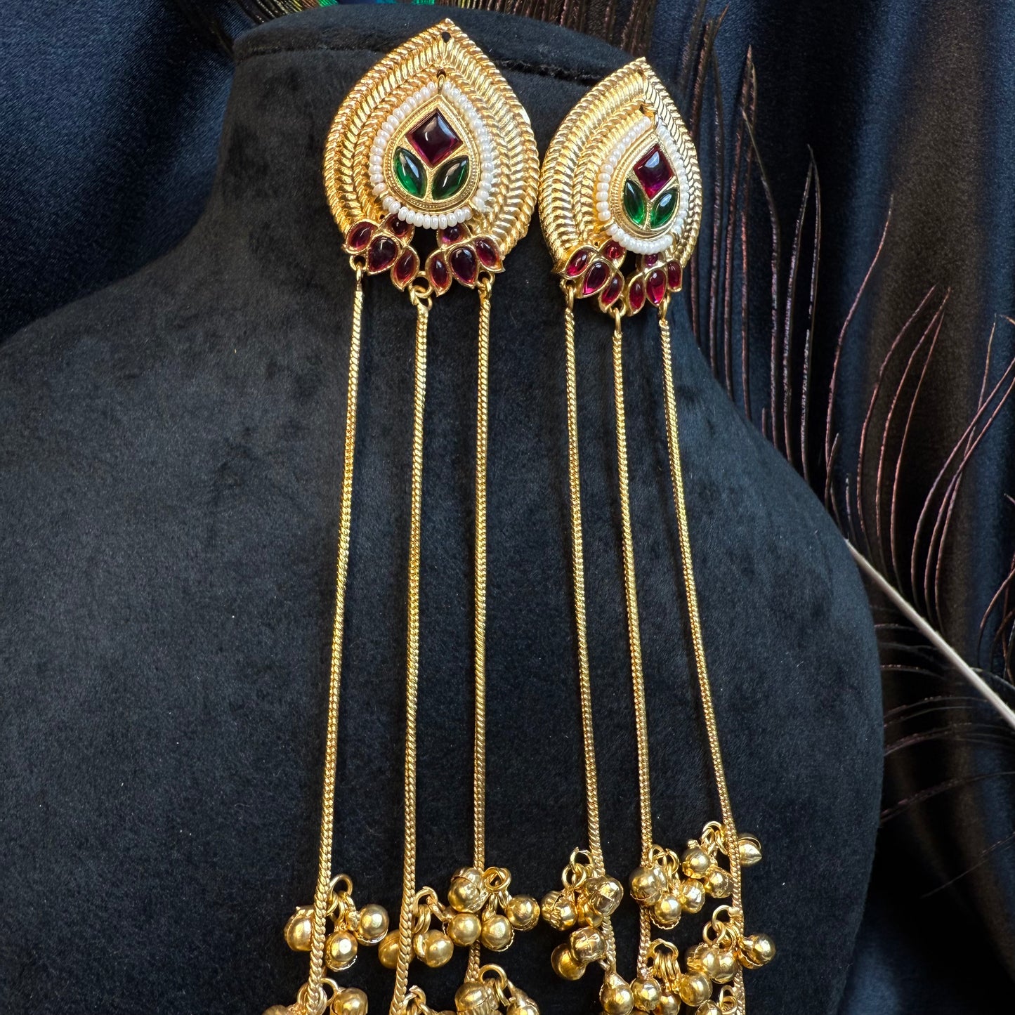 Kashmiri Long Chain Brass Earrings with Ghungroo Red & Green