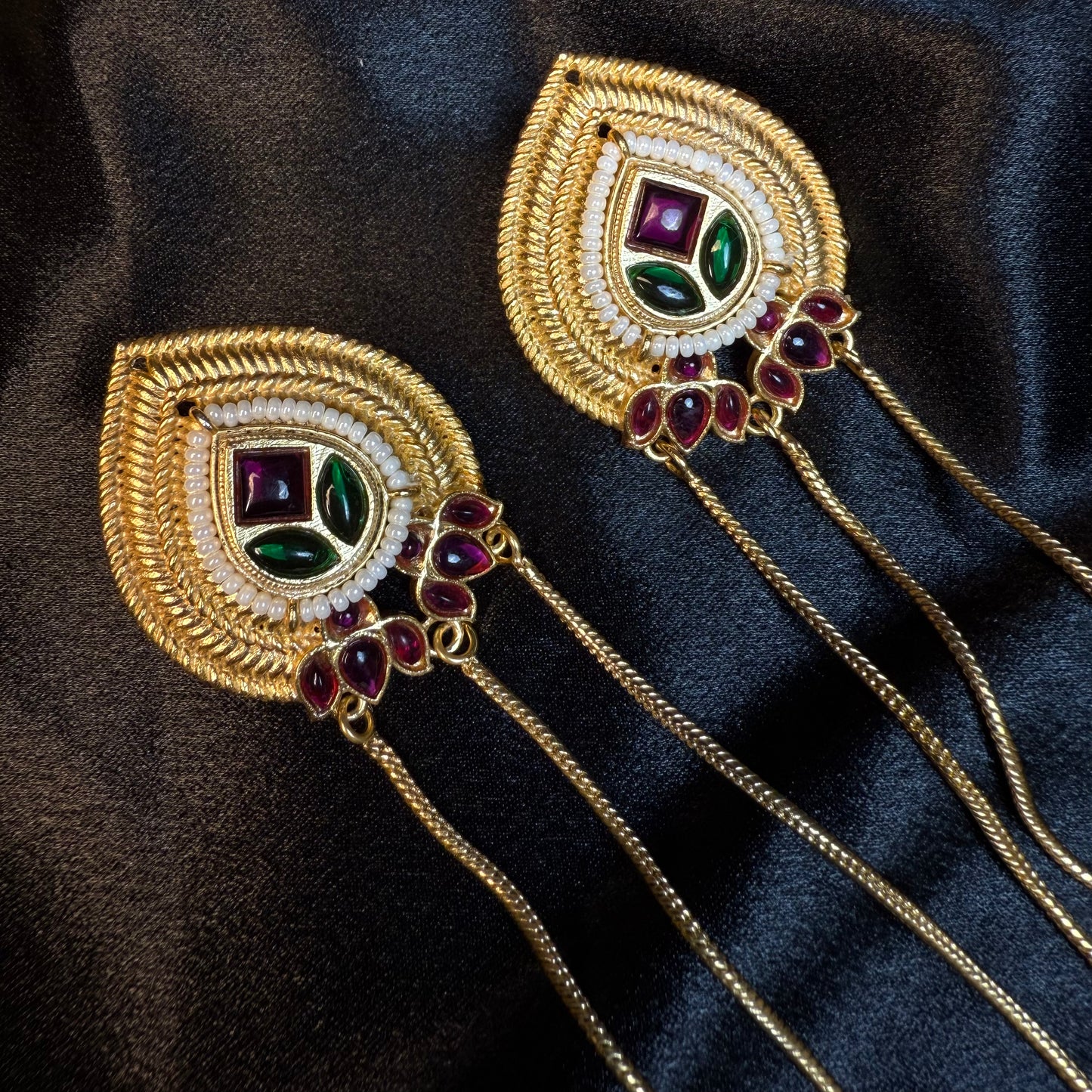 Kashmiri Long Chain Brass Earrings with Ghungroo Red & Green