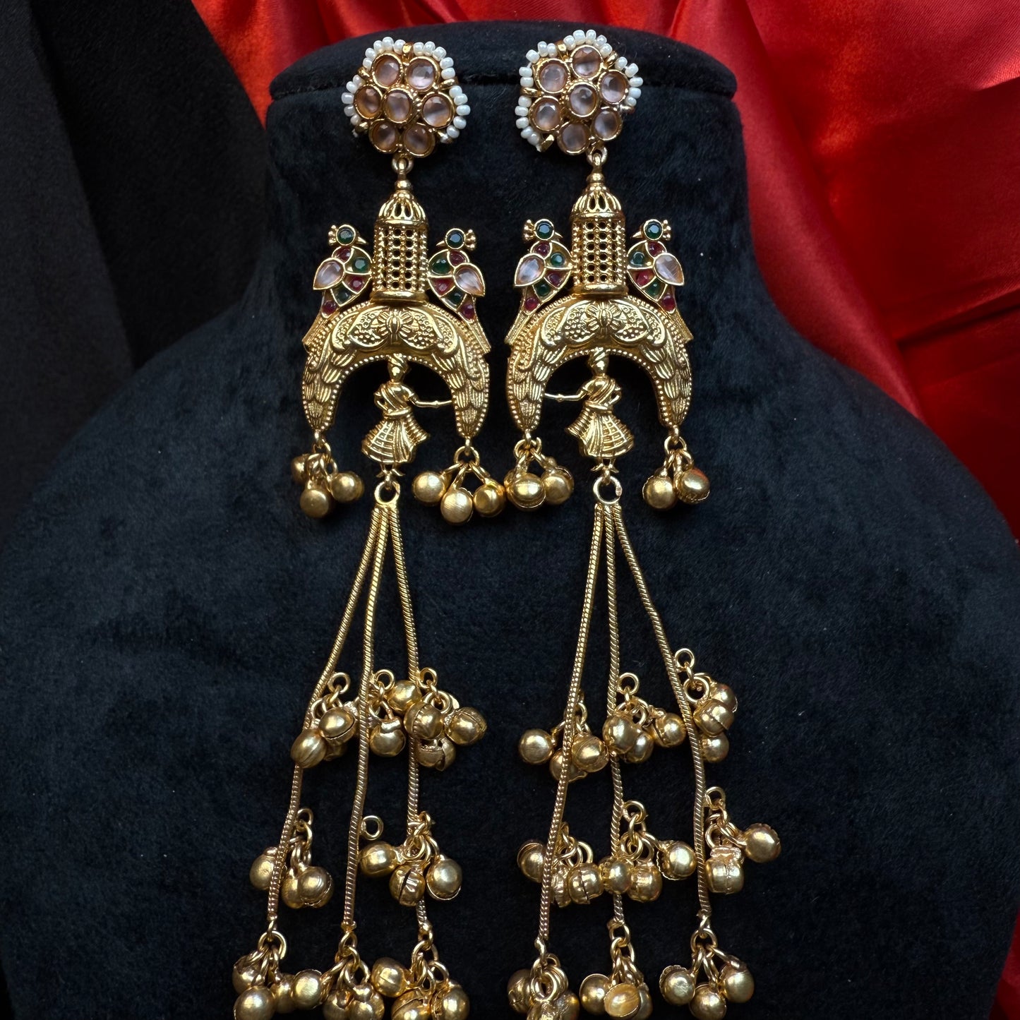 Kashmiri Long Jhumka Earrings Green Sky Multicolor