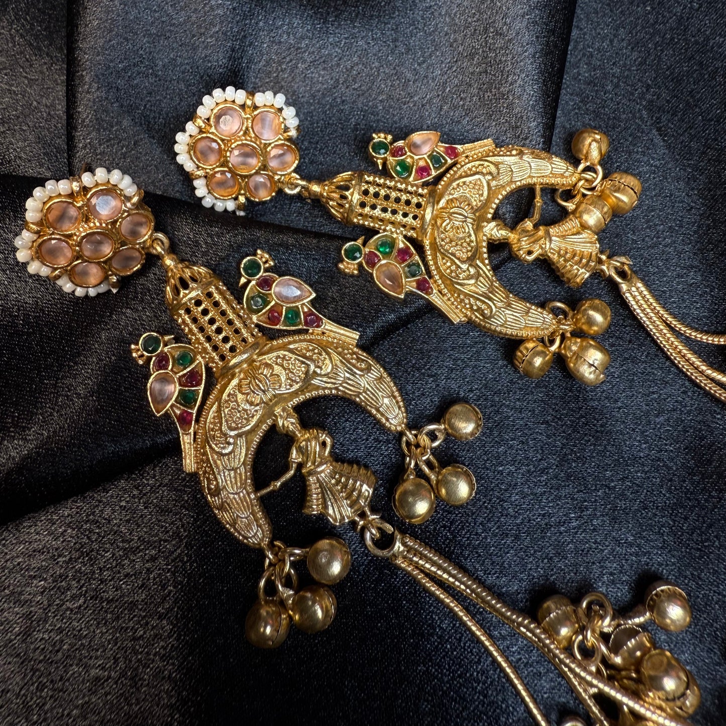 Kashmiri Long Jhumka Earrings Green Sky Multicolor