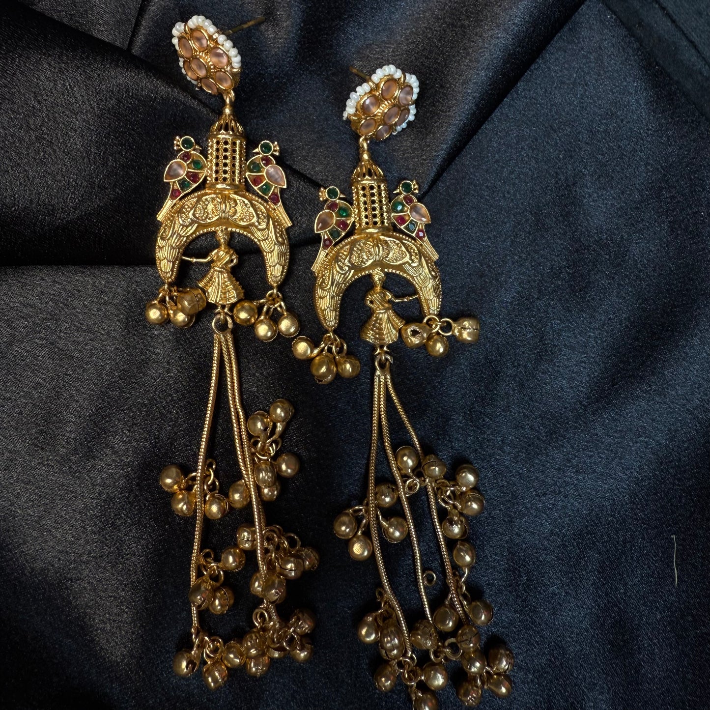 Kashmiri Long Jhumka Earrings Green Sky Multicolor