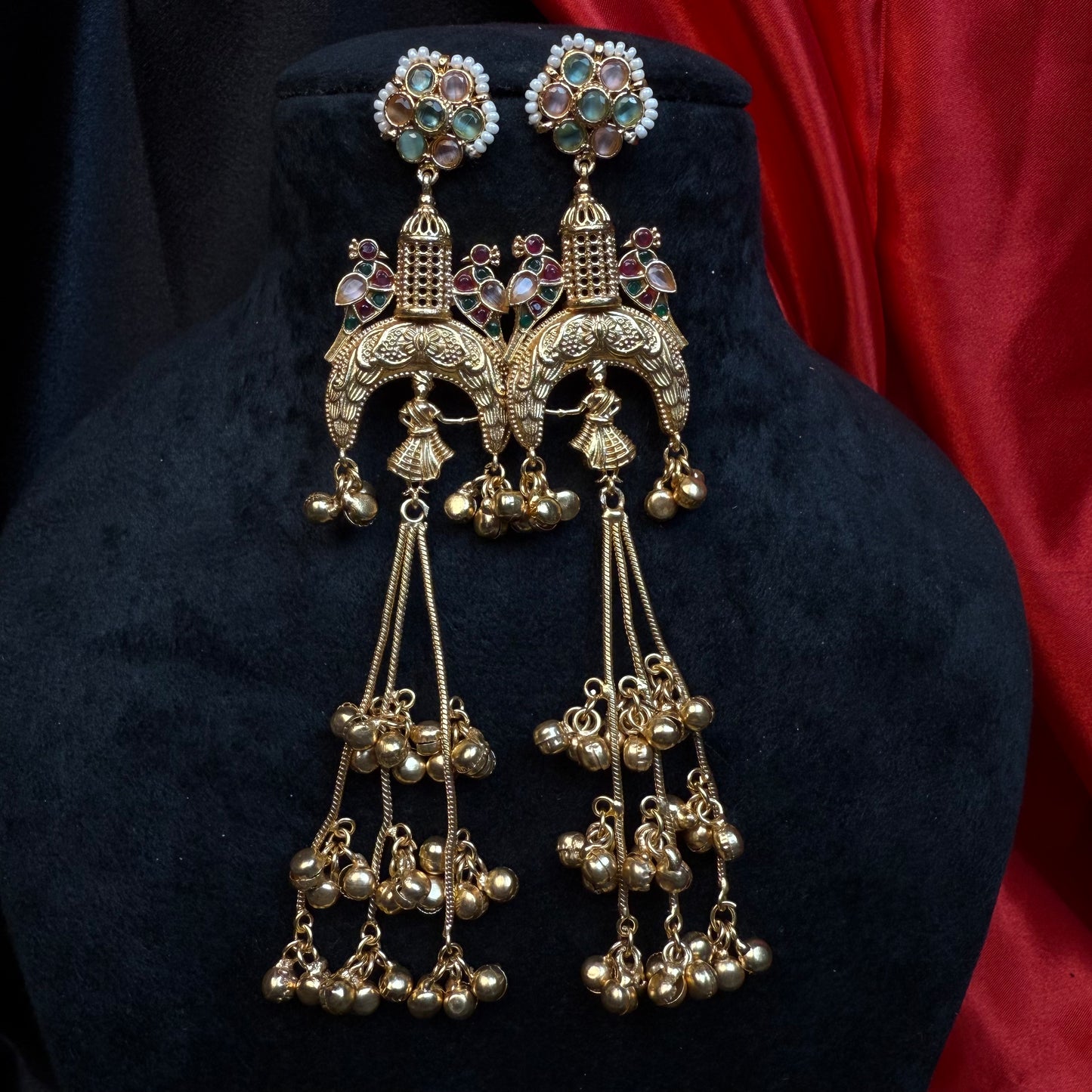 Kashmiri Long Jhumka Earrings Green Multicolor