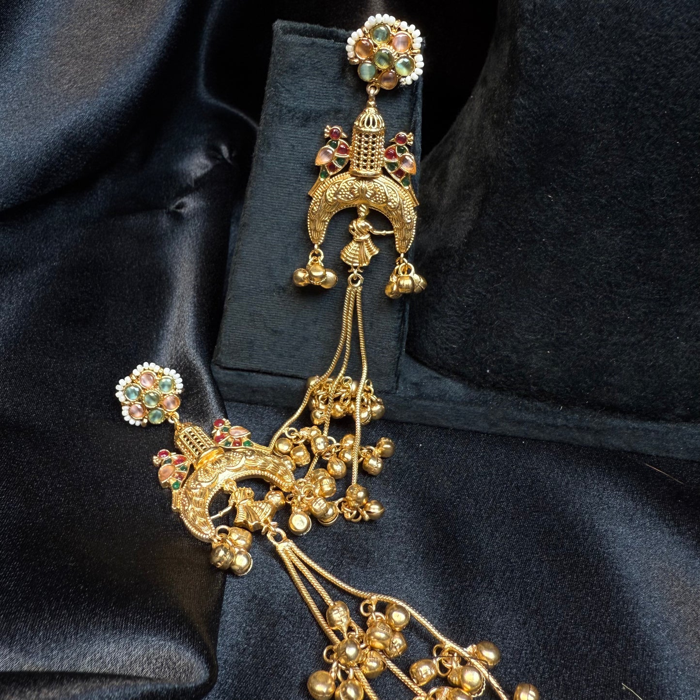 Kashmiri Long Jhumka Earrings Green Multicolor