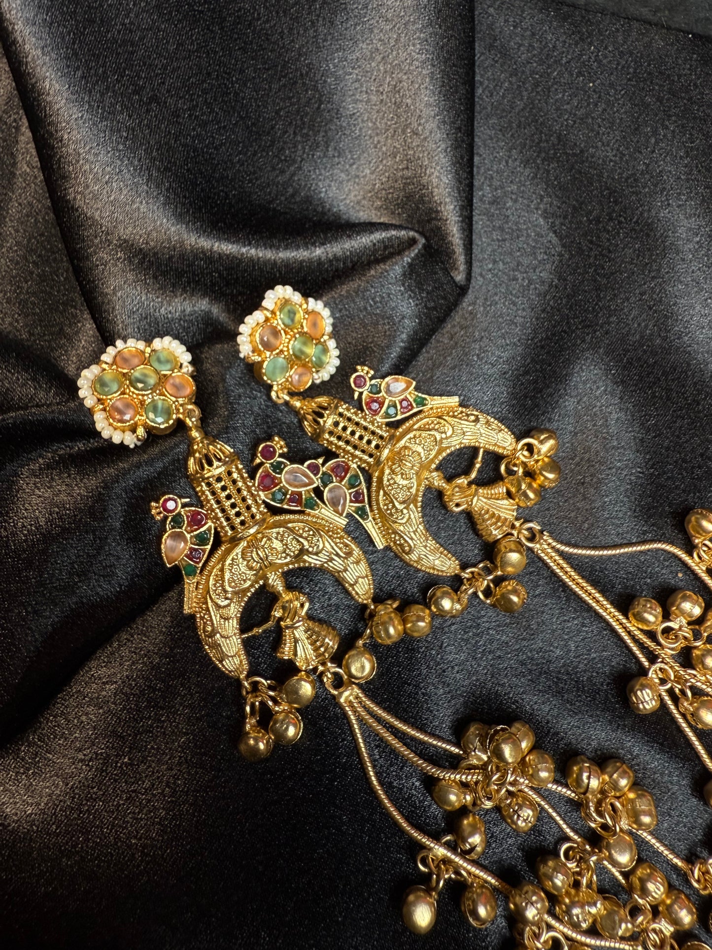 Kashmiri Long Jhumka Earrings Green Multicolor