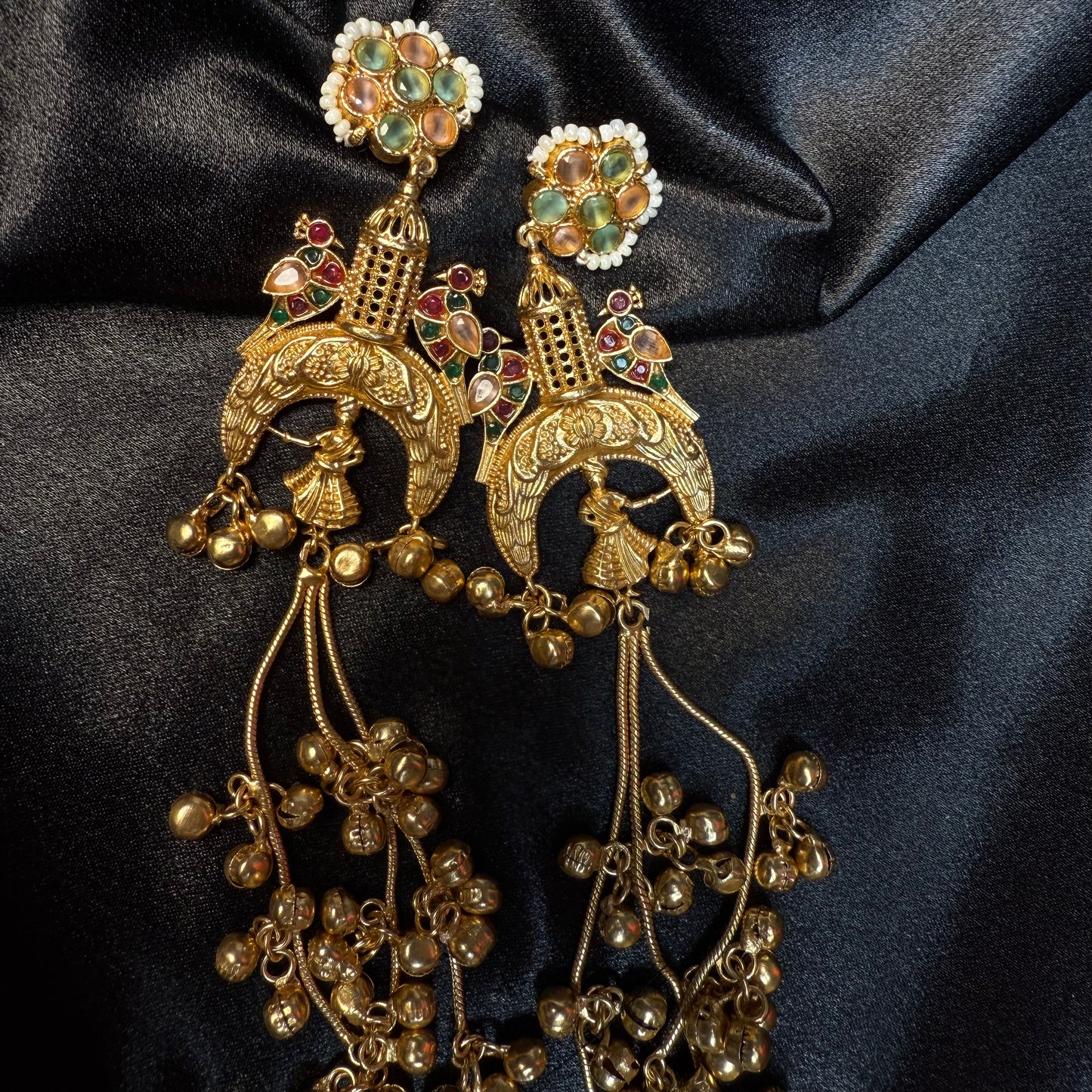 Kashmiri Long Jhumka Earrings Green Multicolor