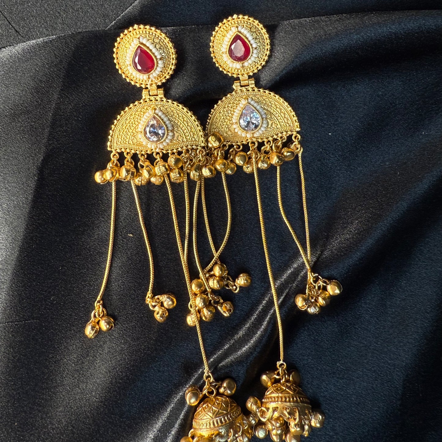 Kashmiri Pearl Drop Long Jhumka Earrings Maroon