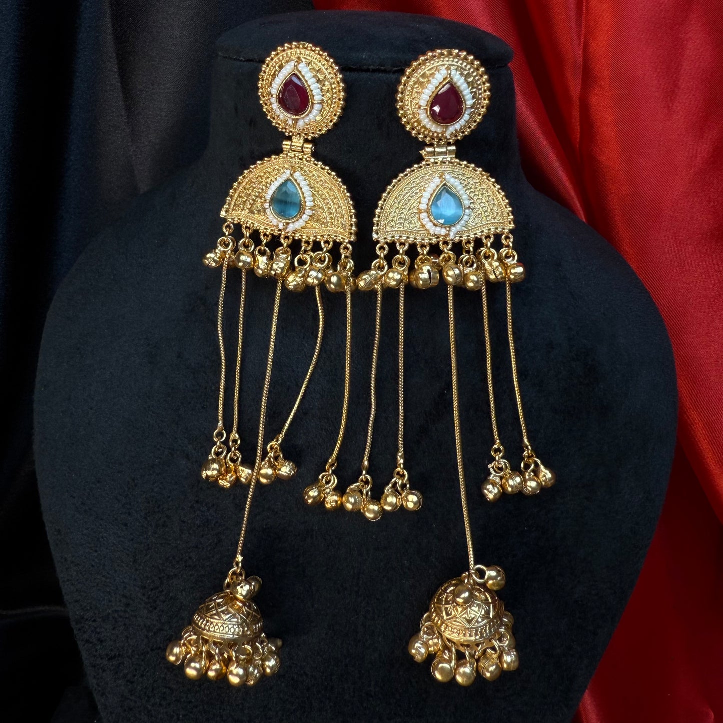 Kashmiri Pearl Drop Long Jhumka Earrings Maroon & Blue