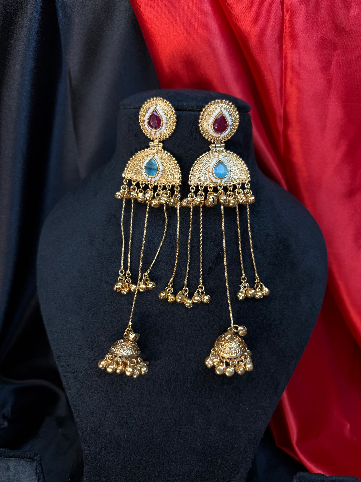 Kashmiri Pearl Drop Long Jhumka Earrings Maroon & Blue