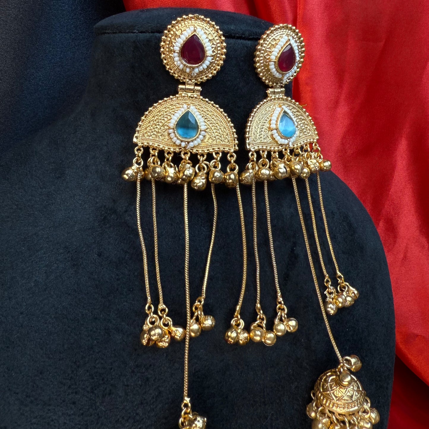 Kashmiri Pearl Drop Long Jhumka Earrings Maroon & Blue