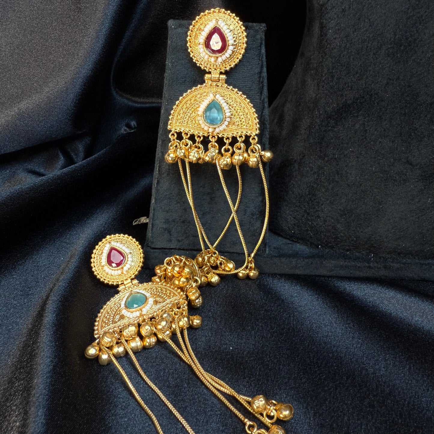 Kashmiri Pearl Drop Long Jhumka Earrings Maroon & Blue