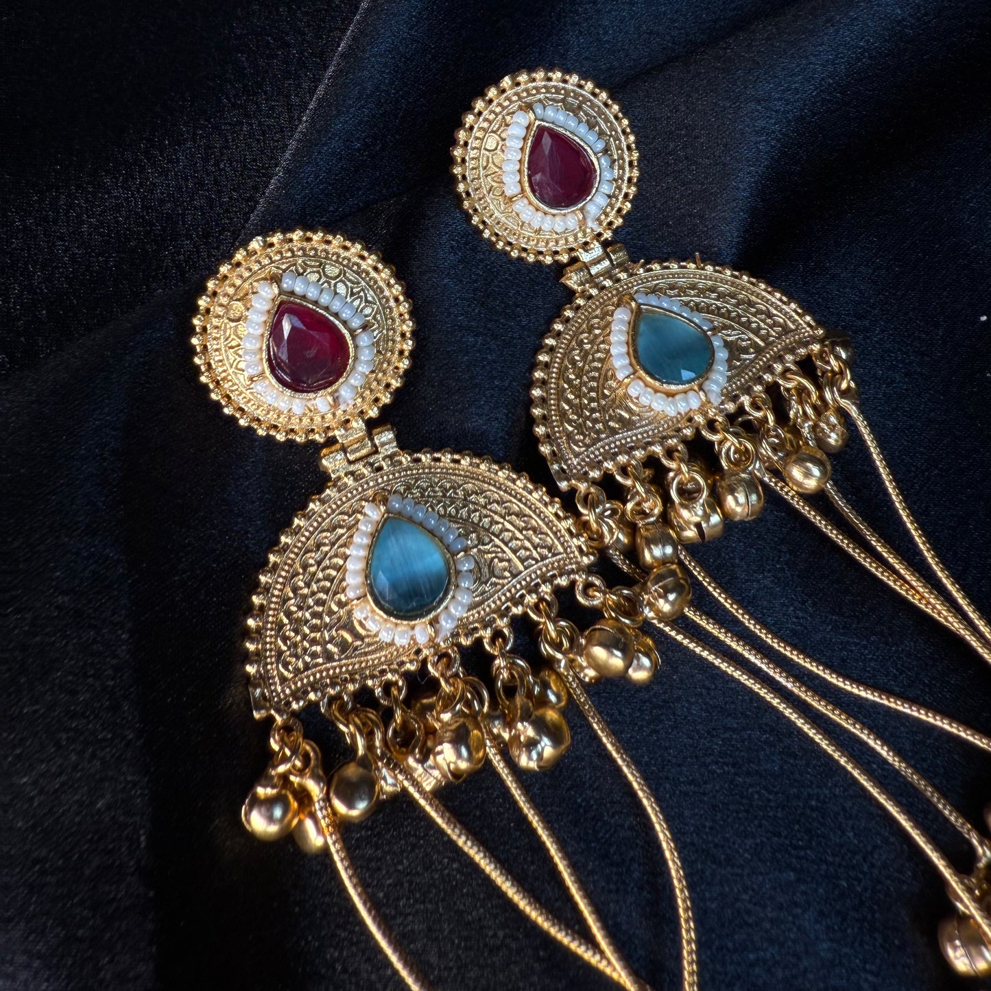 Kashmiri Pearl Drop Long Jhumka Earrings Maroon & Blue