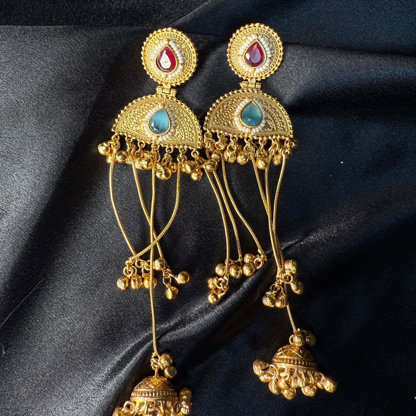 Kashmiri Pearl Drop Long Jhumka Earrings Maroon & Blue