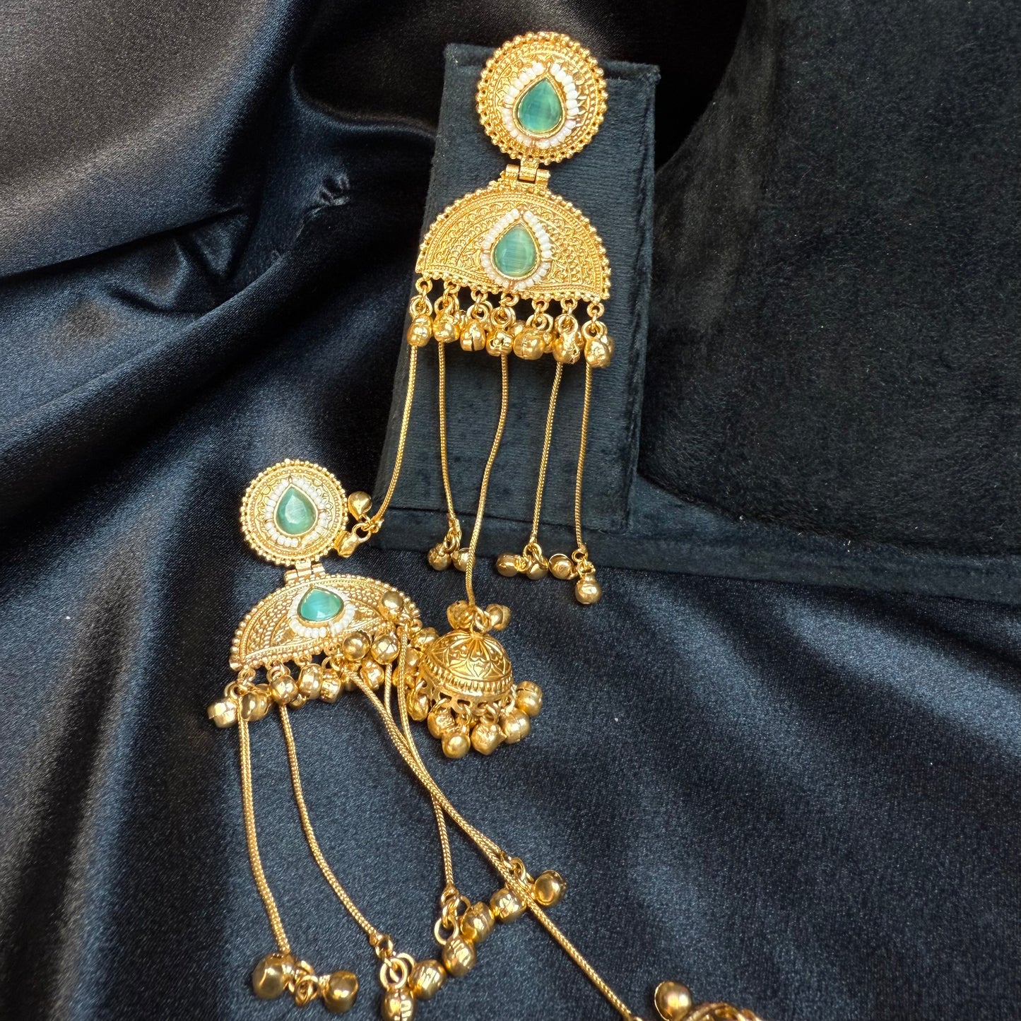 Kashmiri Pearl Drop Long Jhumka Earrings Blue