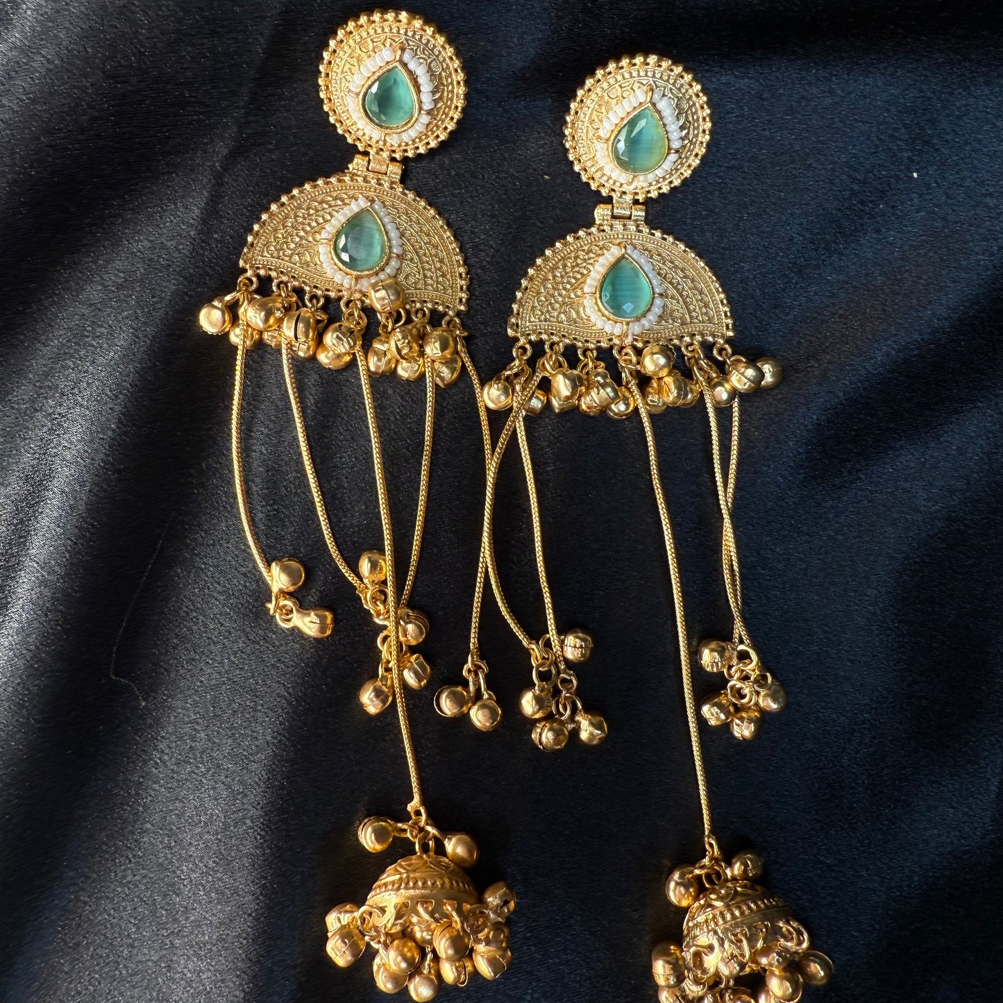 Kashmiri Pearl Drop Long Jhumka Earrings Blue