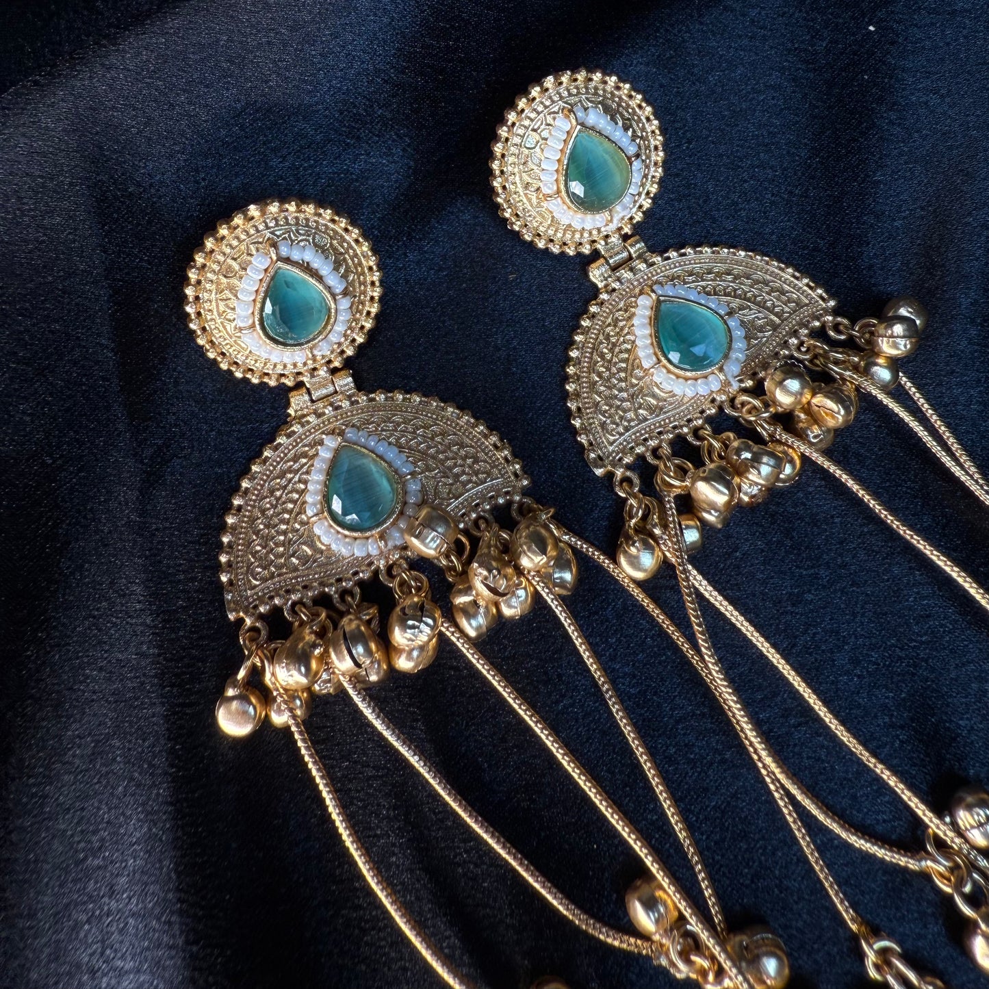 Kashmiri Pearl Drop Long Jhumka Earrings Blue