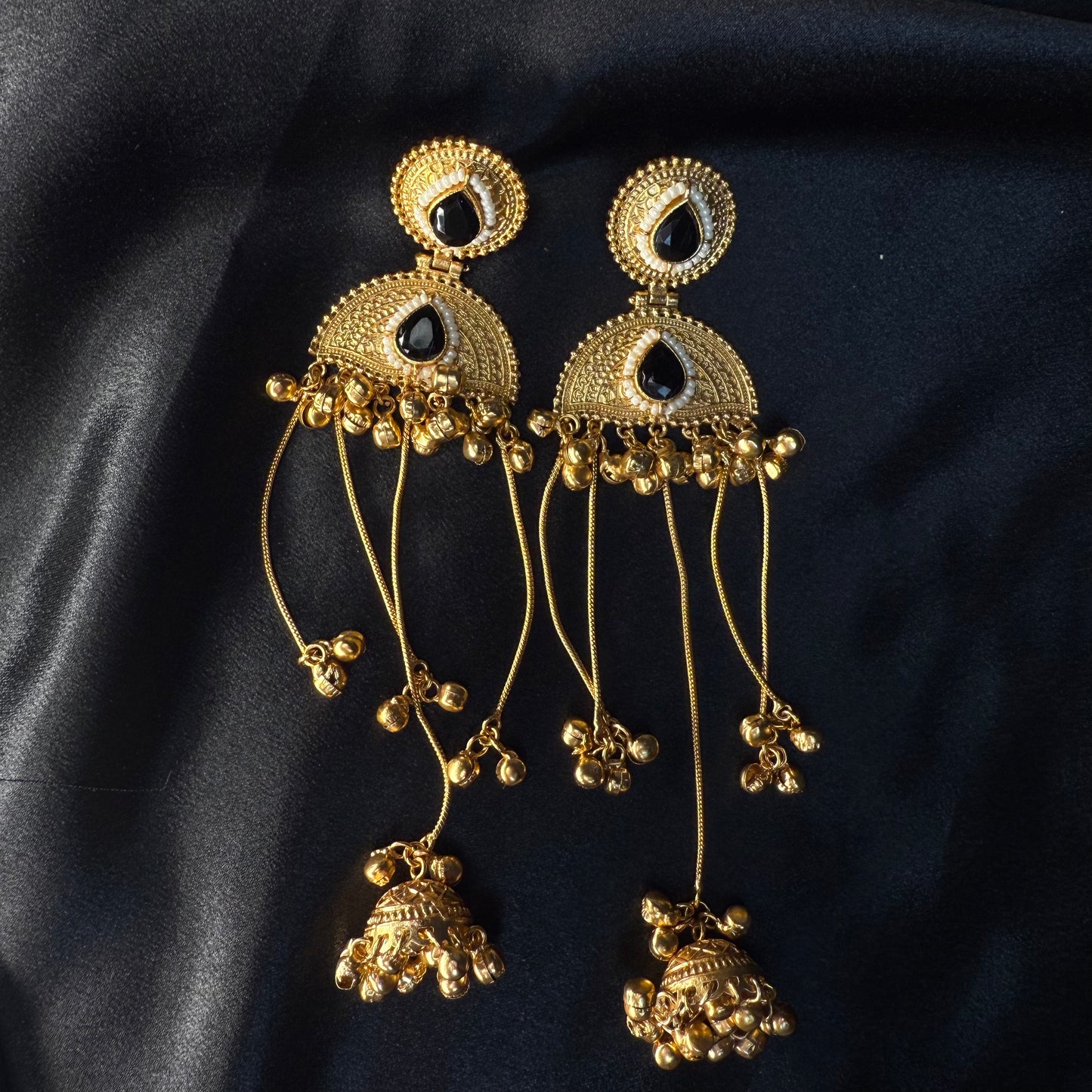 Kashmiri Pearl Drop Long Jhumka Earrings Black