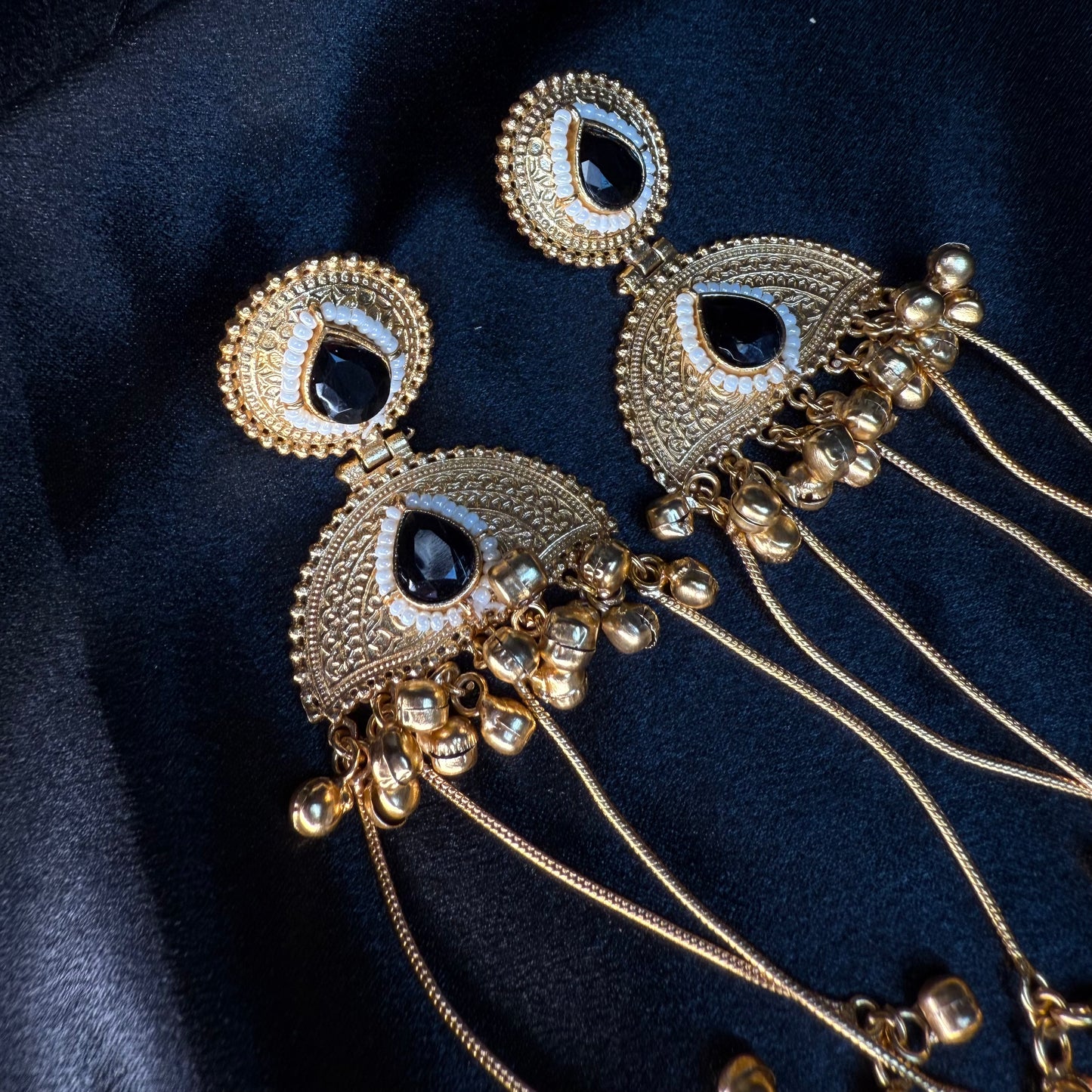Kashmiri Pearl Drop Long Jhumka Earrings Black
