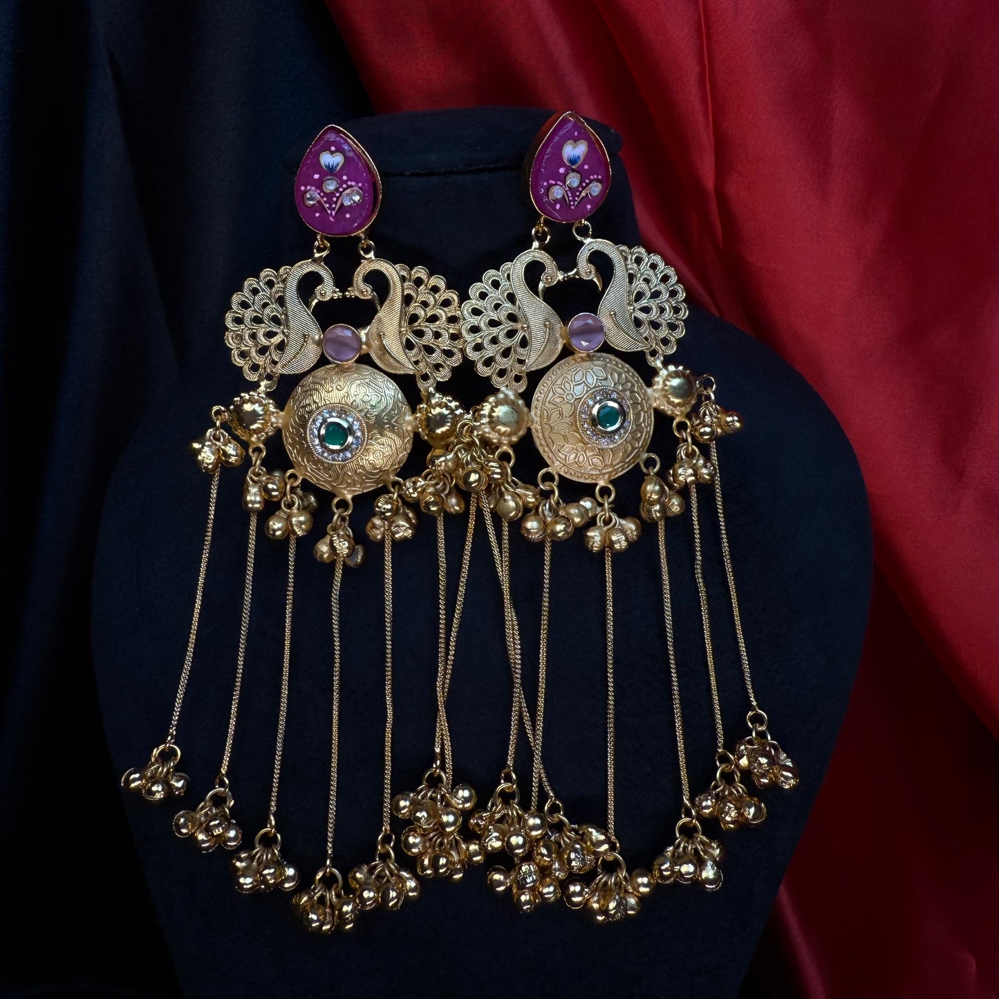 Kashmiri Royal Peacock Long Earrings Dark Pink