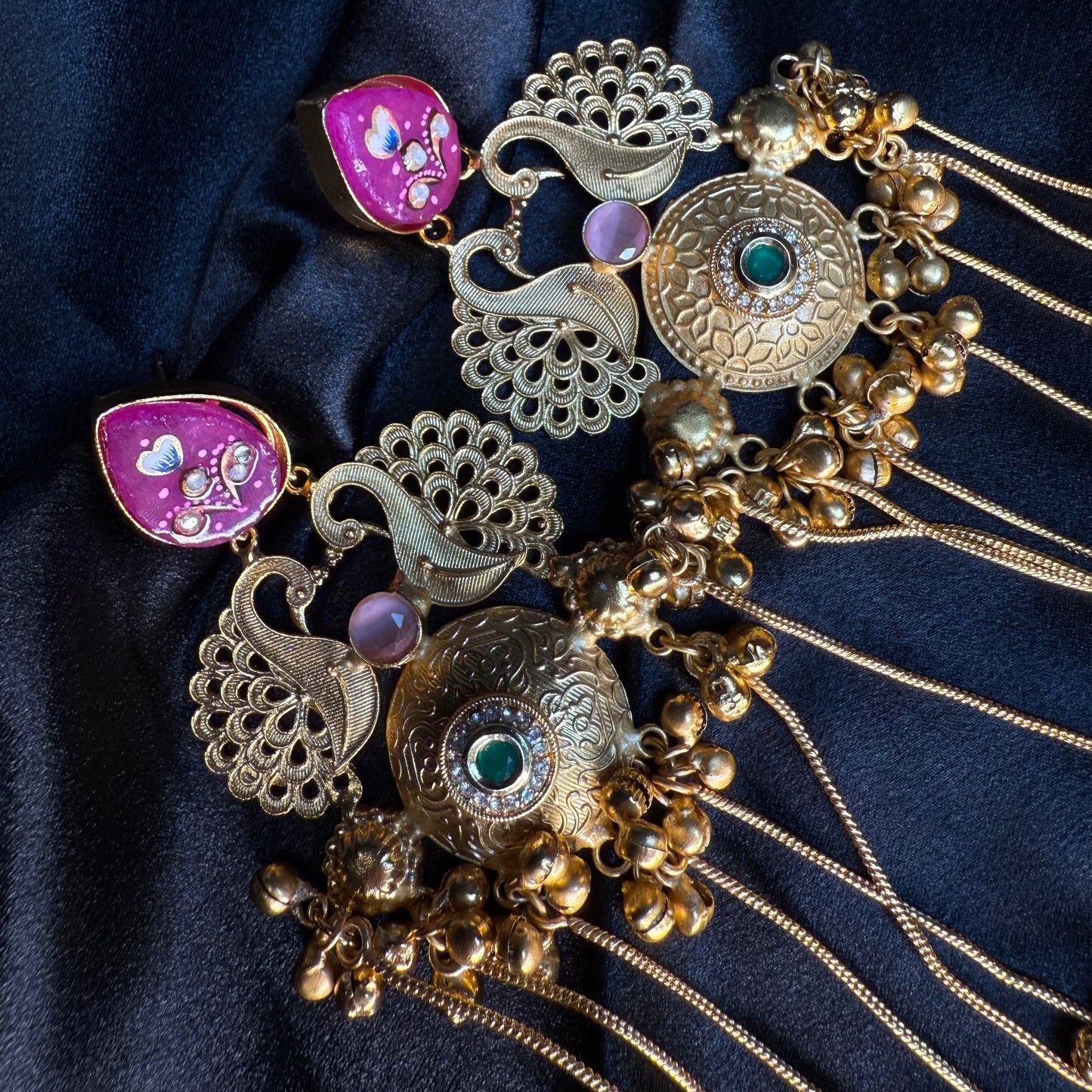 Kashmiri Royal Peacock Long Earrings Dark Pink