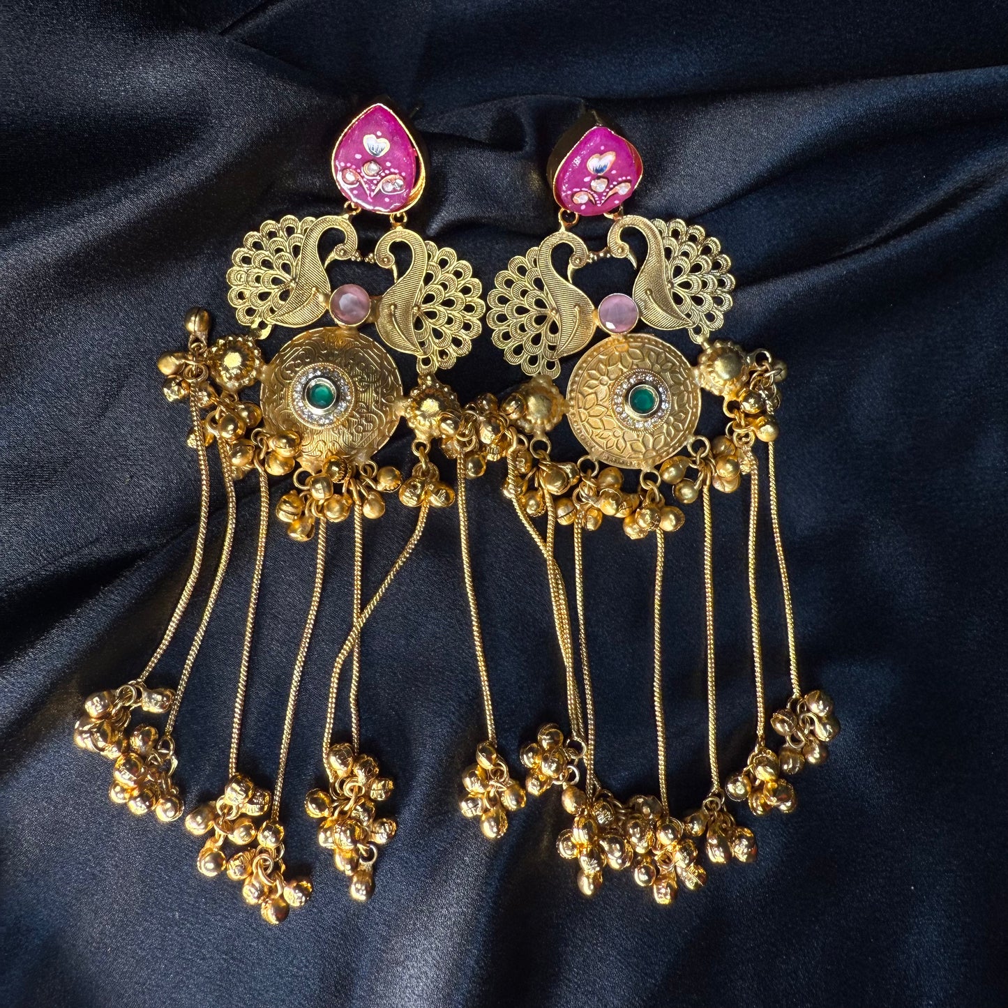 Kashmiri Royal Peacock Long Earrings Dark Pink