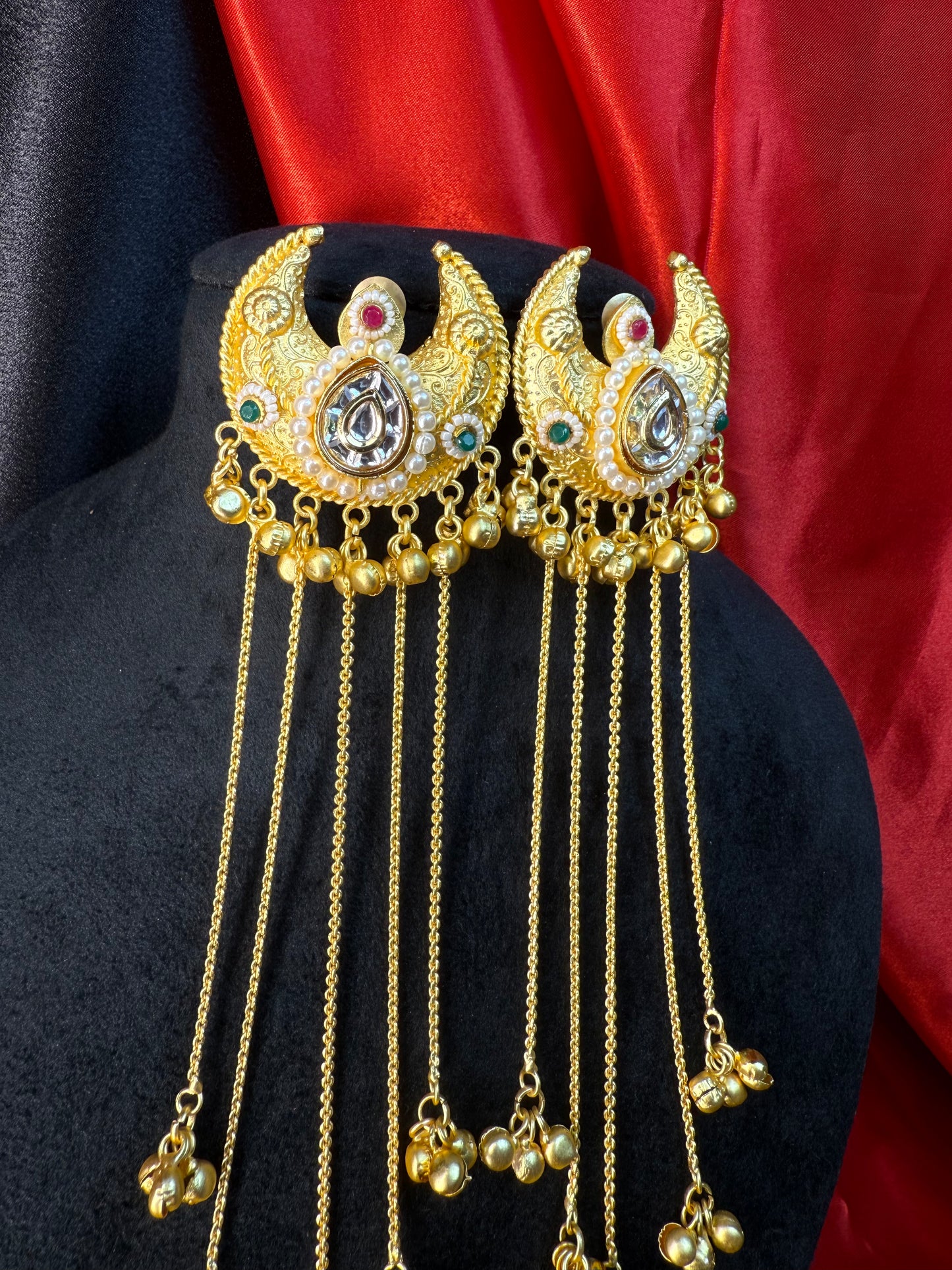 Kashmiri Moon Drop Long Earrings Gold With Multicolor Stone Detailing