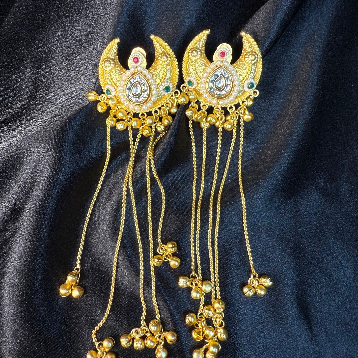 Kashmiri Moon Drop Long Earrings Gold With Multicolor Stone Detailing