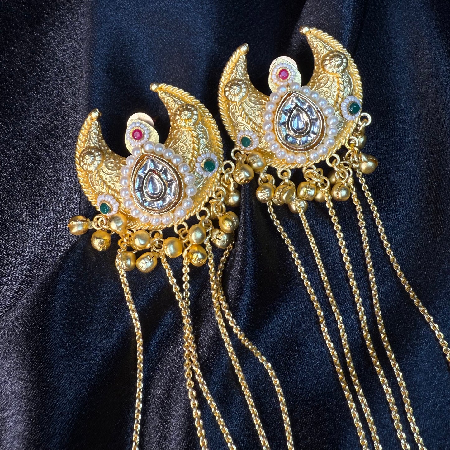 Kashmiri Moon Drop Long Earrings Gold With Multicolor Stone Detailing